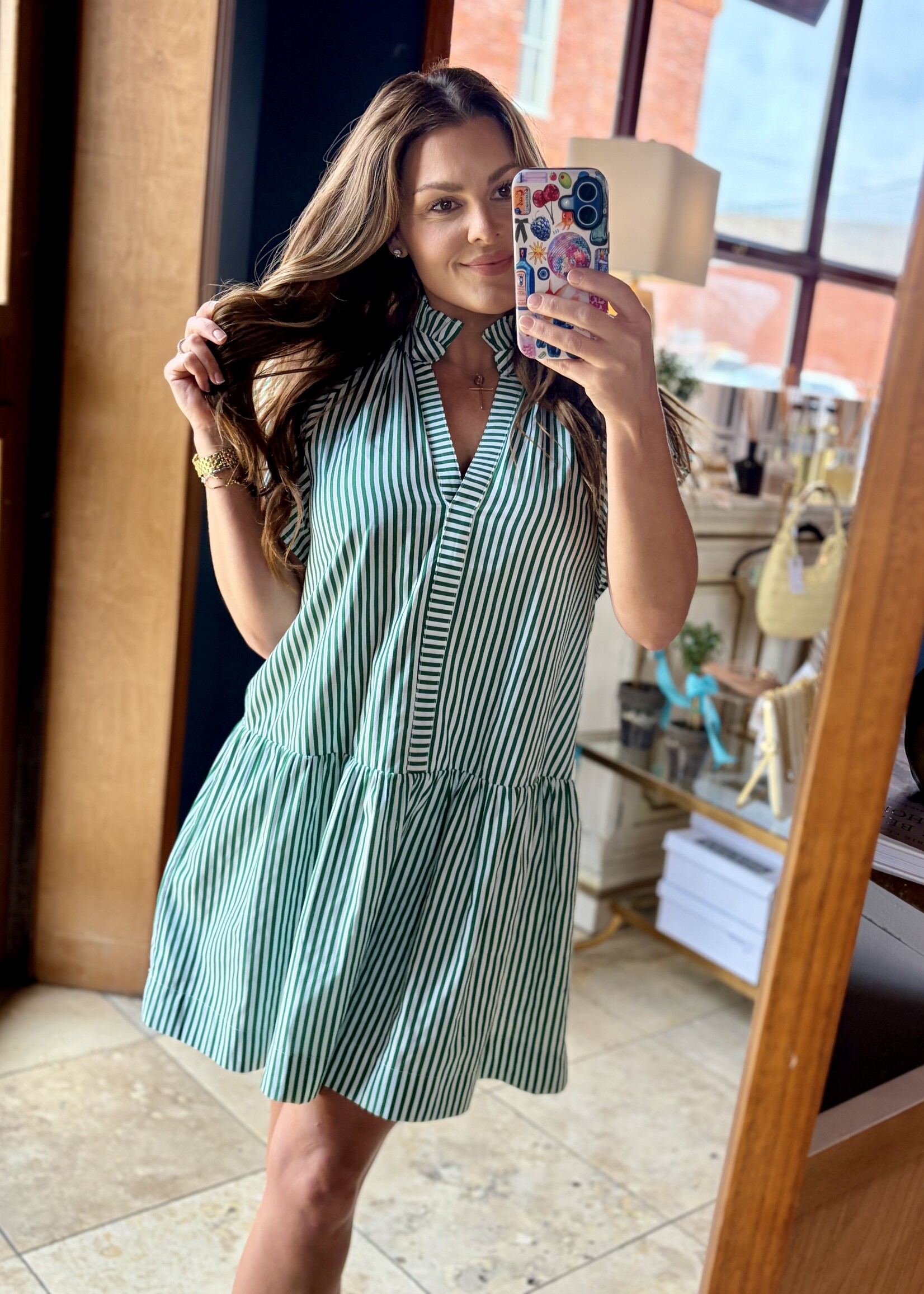 Pinch Green Striped Ruffle Neck Mini Dress