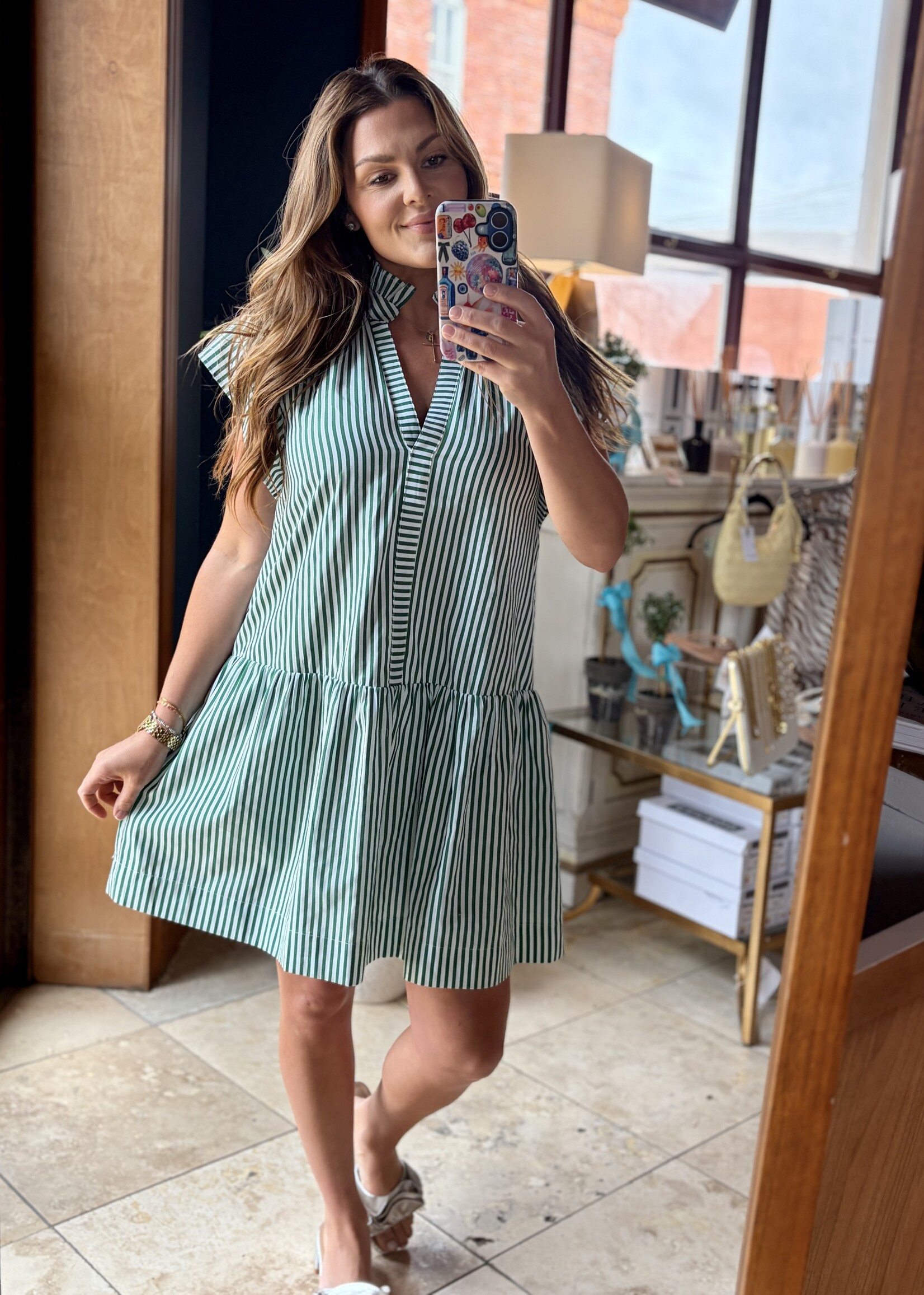 Pinch Green Striped Ruffle Neck Mini Dress