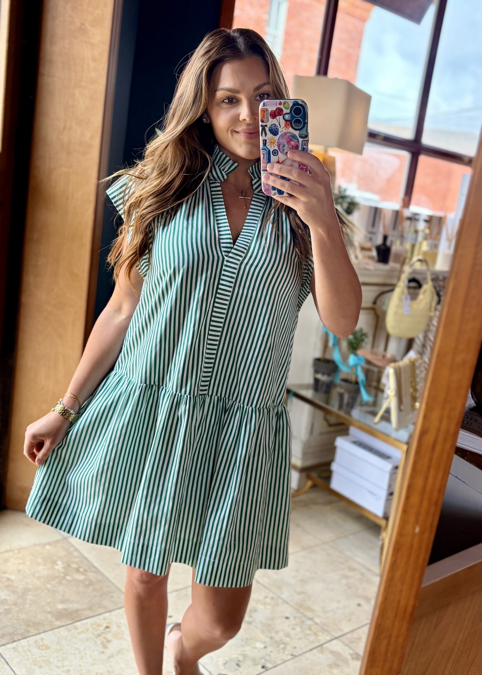 Pinch Green Striped Ruffle Neck Mini Dress
