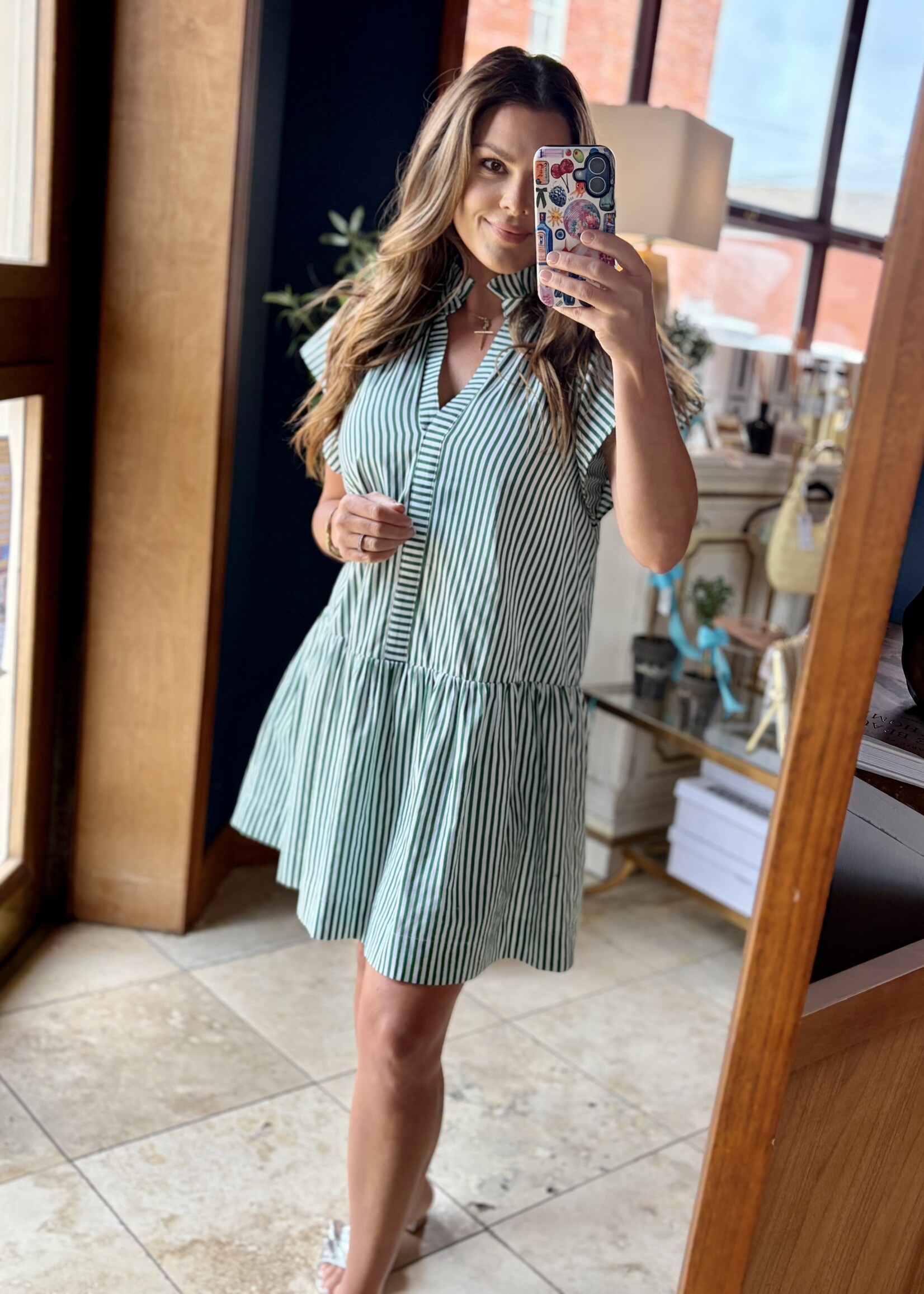 Pinch Green Striped Ruffle Neck Mini Dress