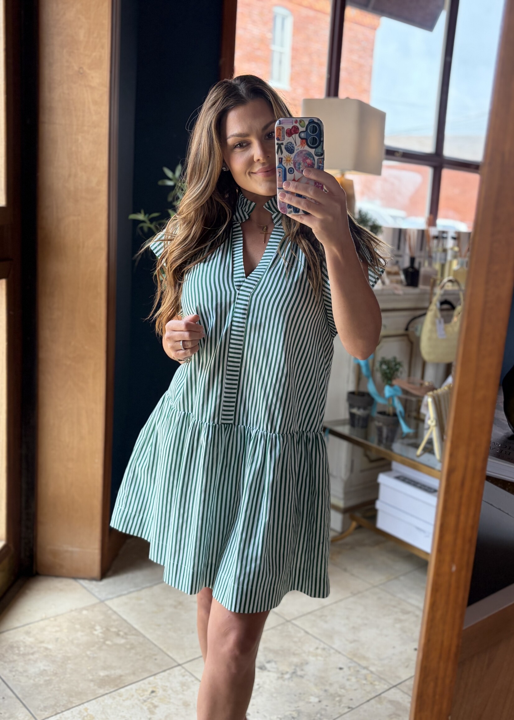 Pinch Green Striped Ruffle Neck Mini Dress
