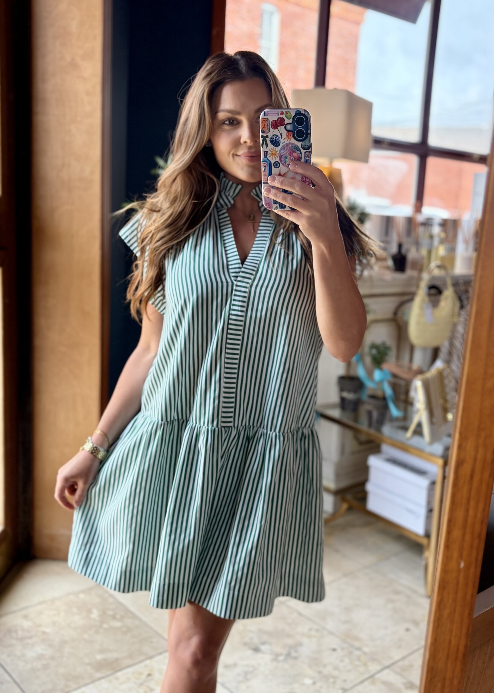 Pinch Green Striped Ruffle Neck Mini Dress