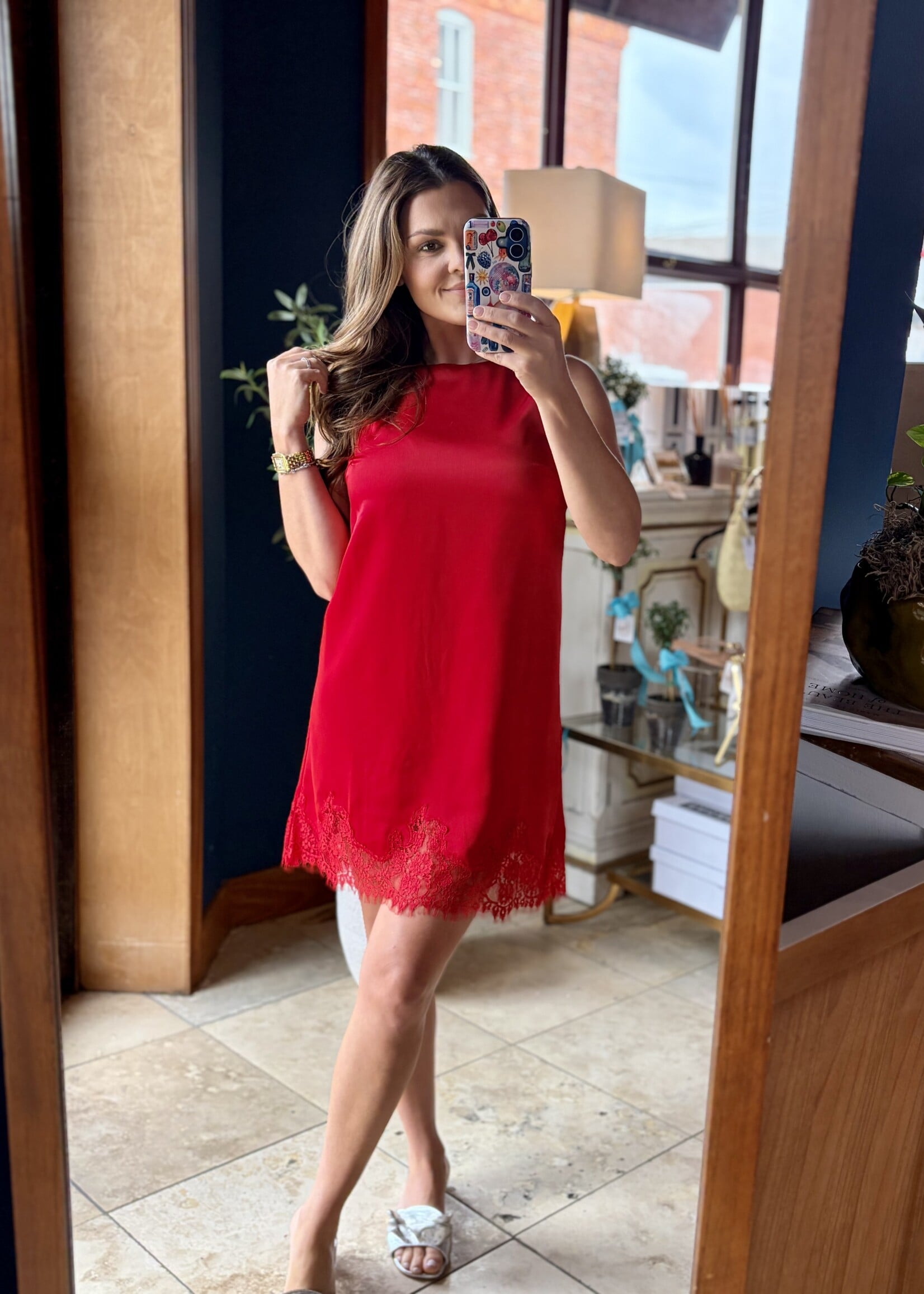 glam Red Sleeveless Satin Dress w/ Lace Detail
