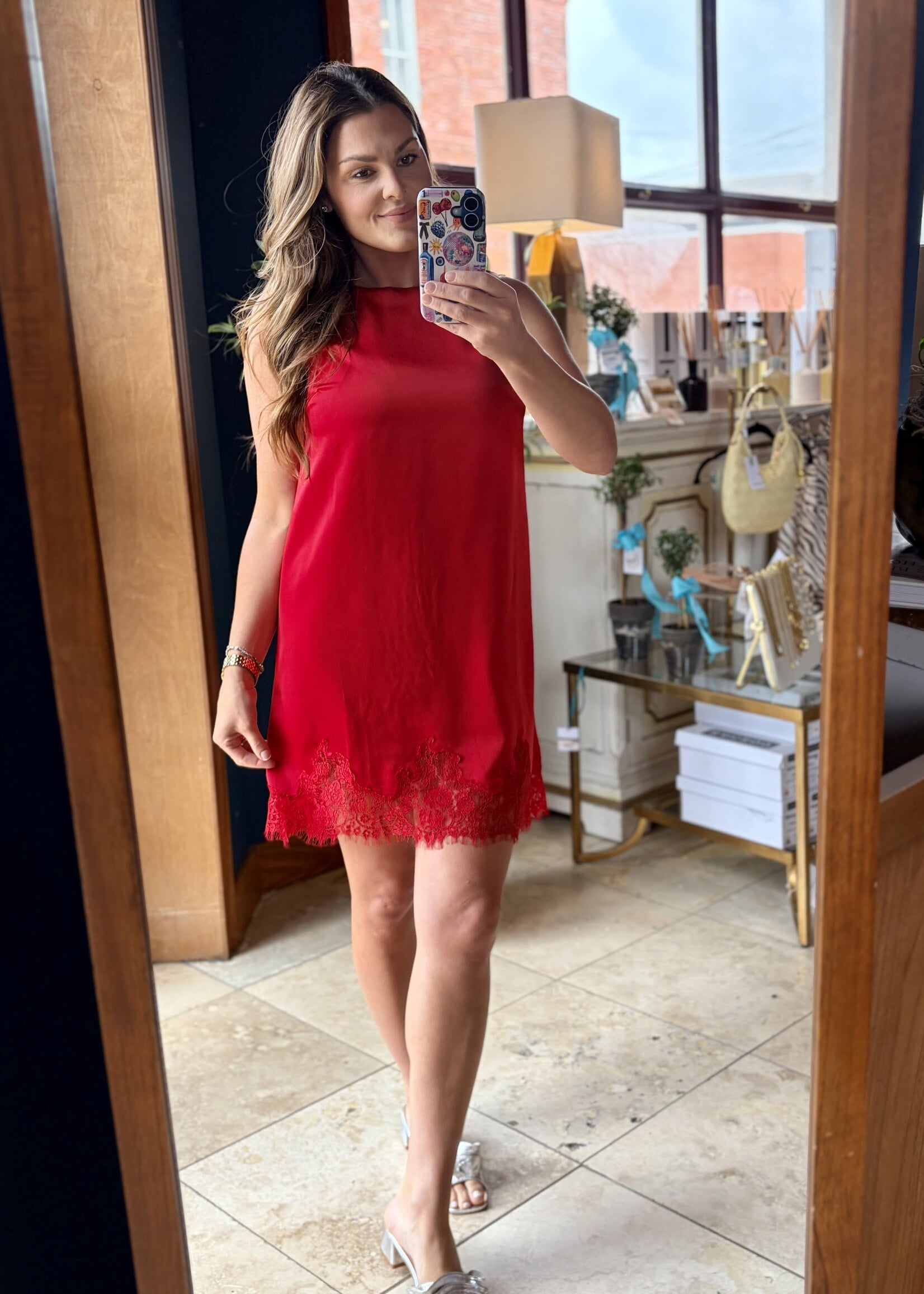 glam Red Sleeveless Satin Dress w/ Lace Detail