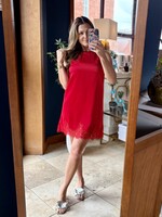glam Red Sleeveless Satin Dress w/ Lace Detail