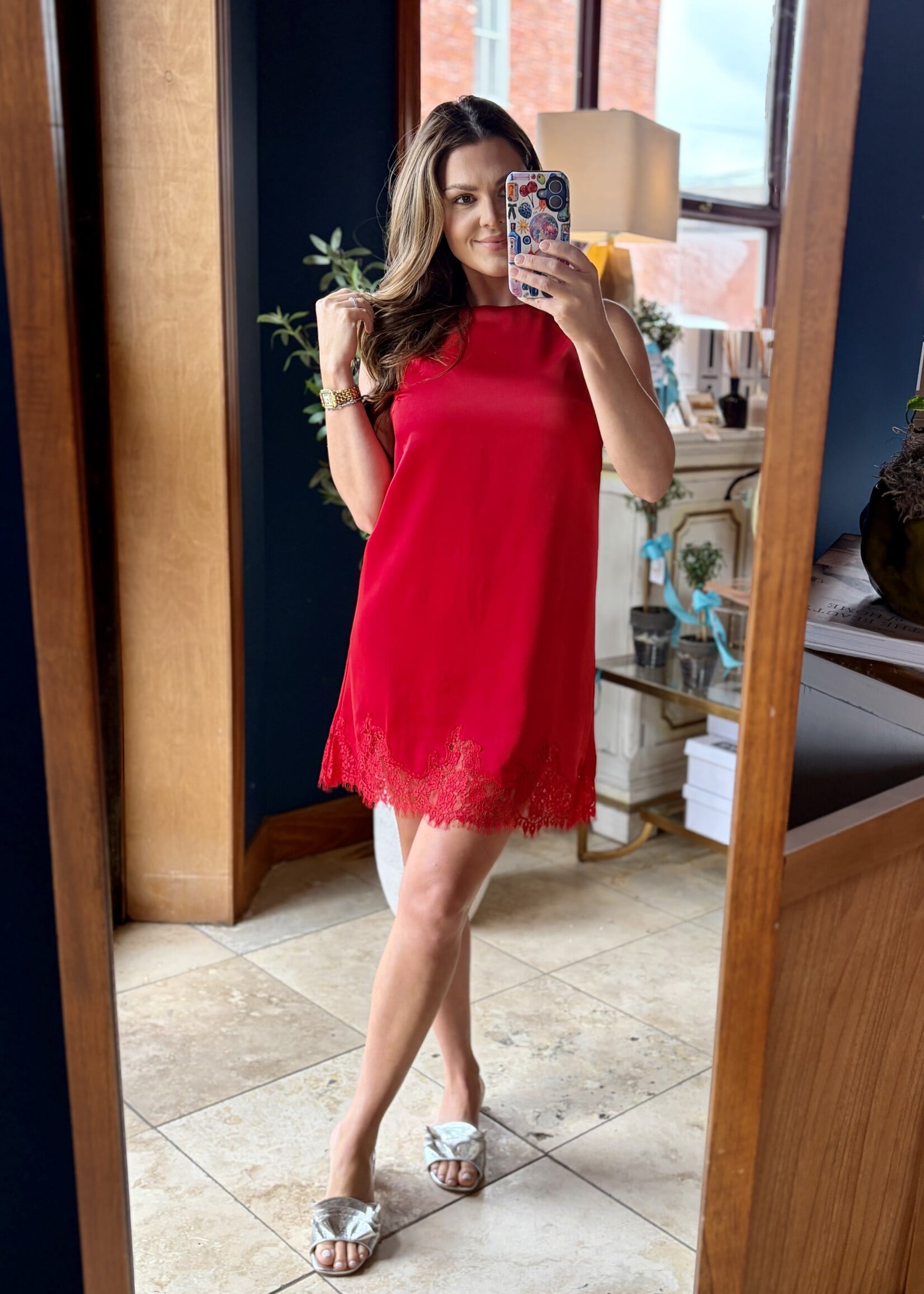 glam Red Sleeveless Satin Dress w/ Lace Detail
