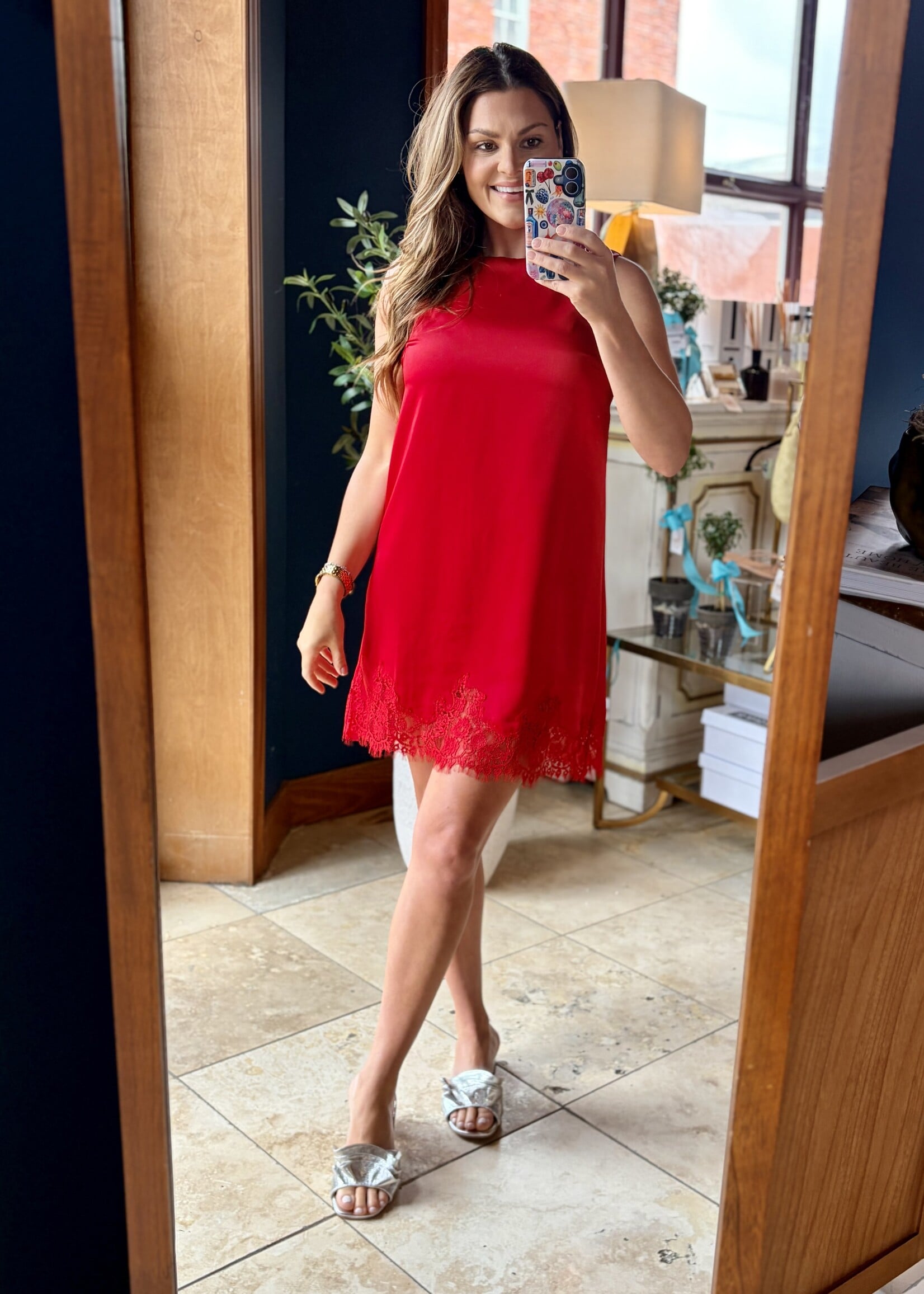 glam Red Sleeveless Satin Dress w/ Lace Detail