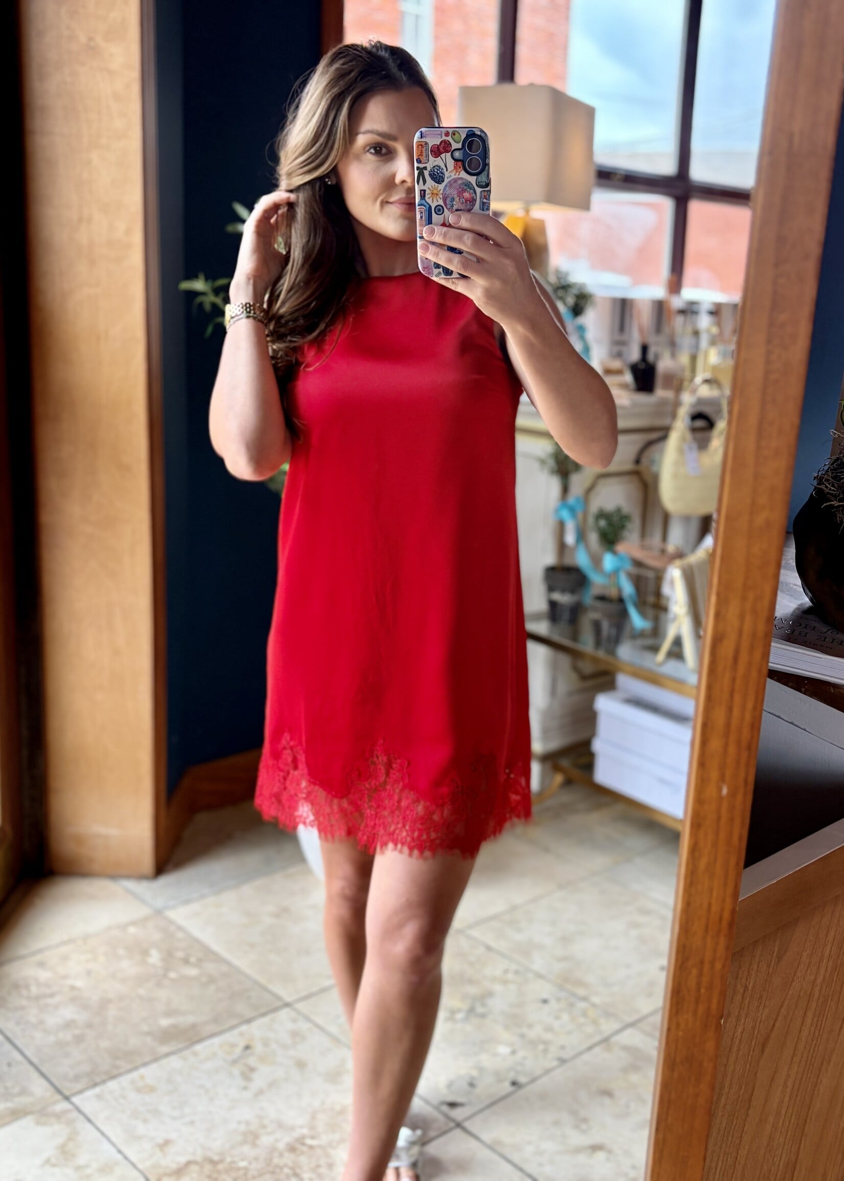 glam Red Sleeveless Satin Dress w/ Lace Detail