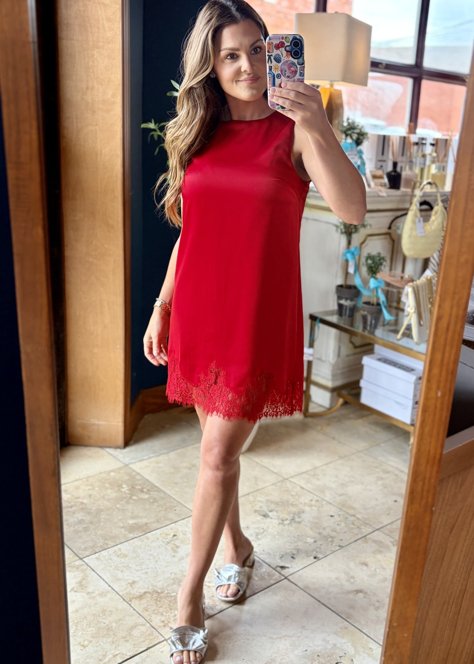 glam Red Sleeveless Satin Dress w/ Lace Detail