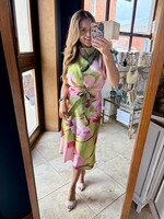 glam Green Floral Cowl Neck Tie Dress