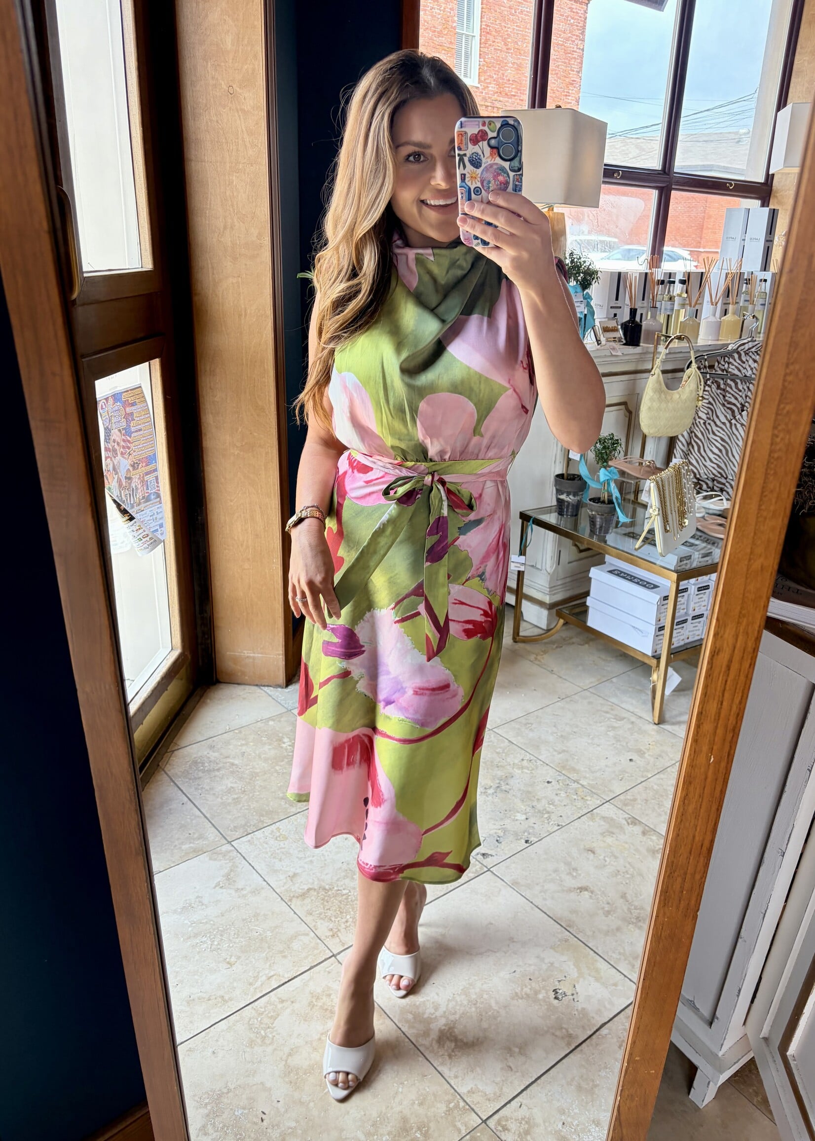 glam Green Floral Cowl Neck Tie Dress