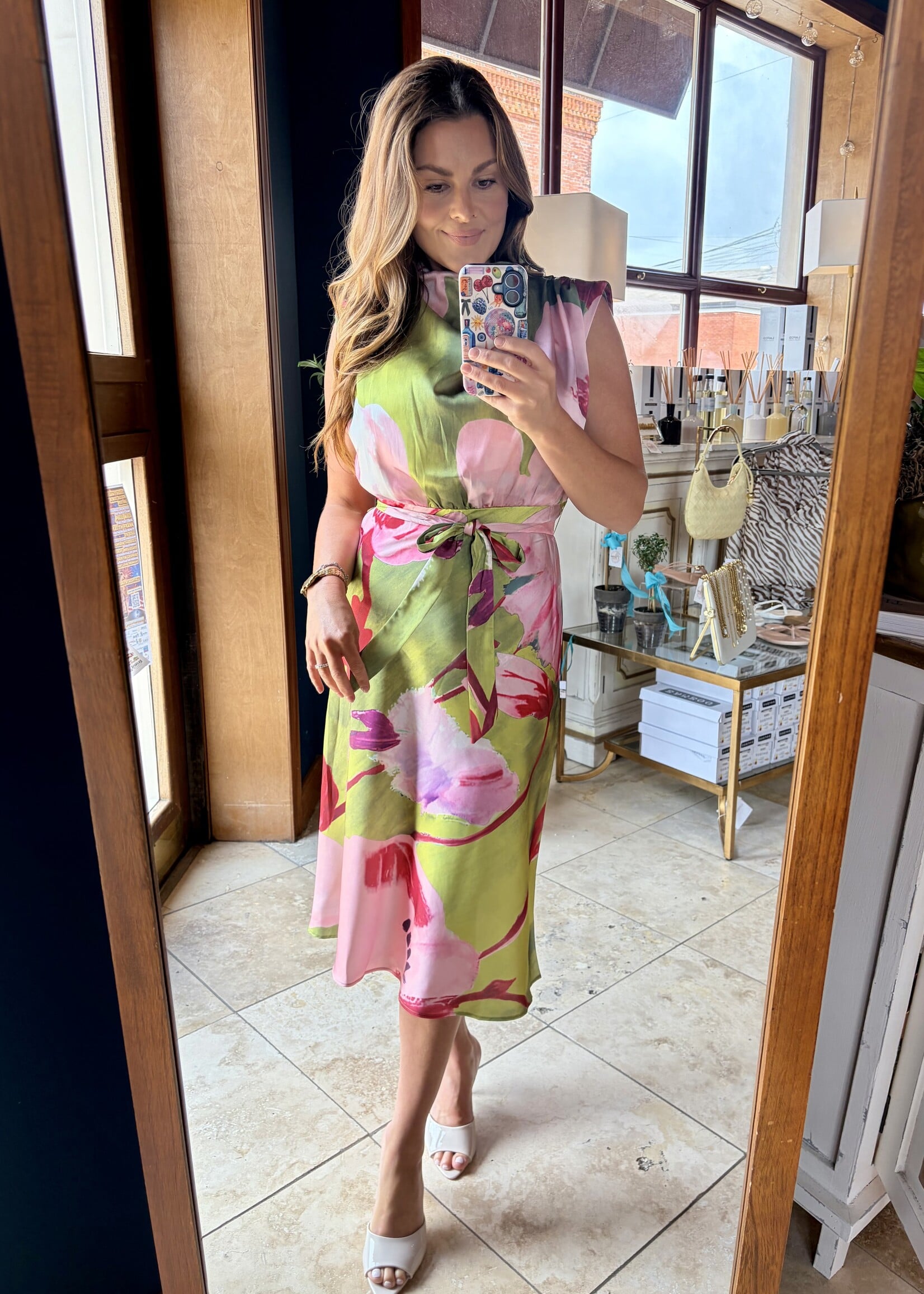 glam Green Floral Cowl Neck Tie Dress