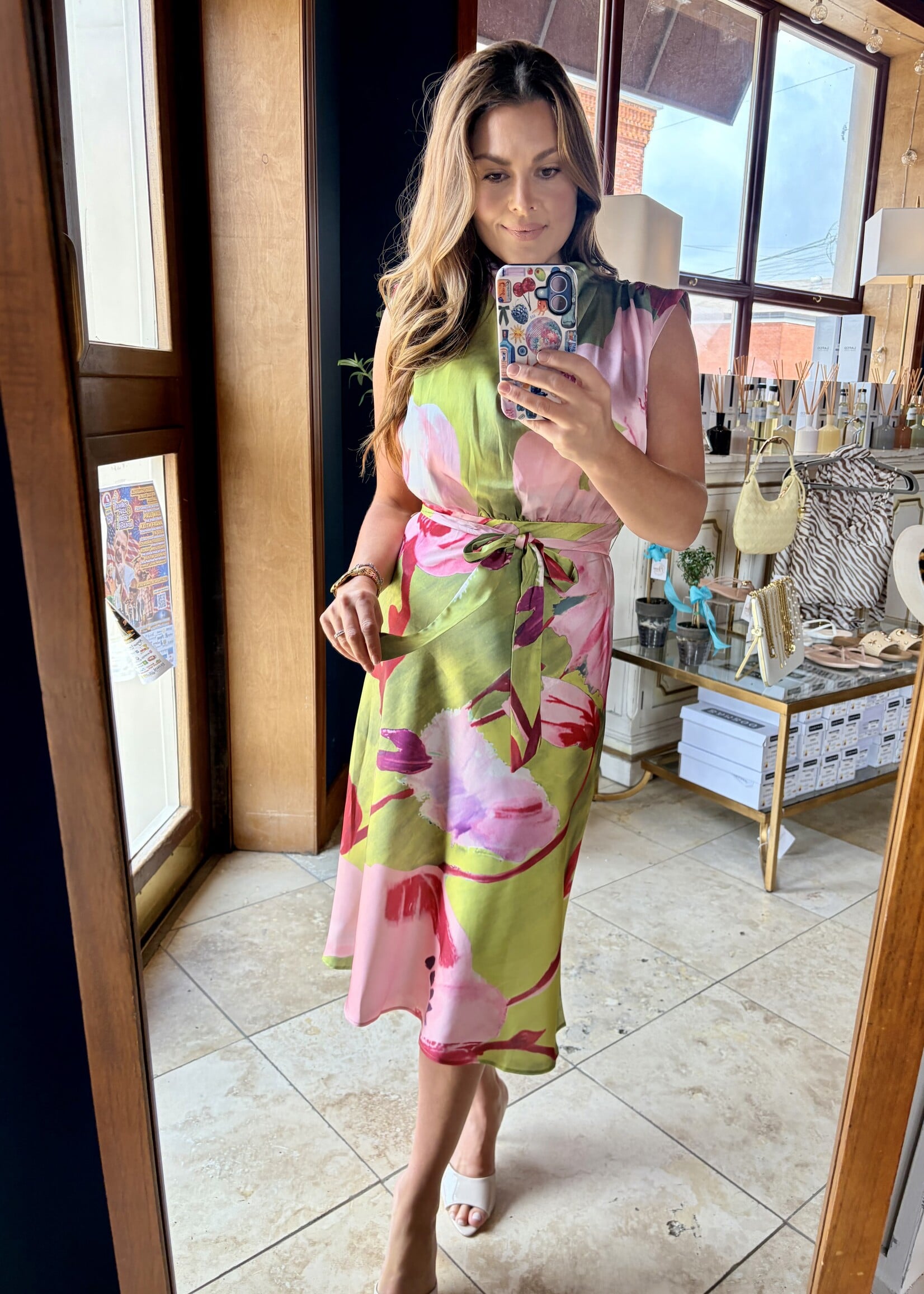 glam Green Floral Cowl Neck Tie Dress