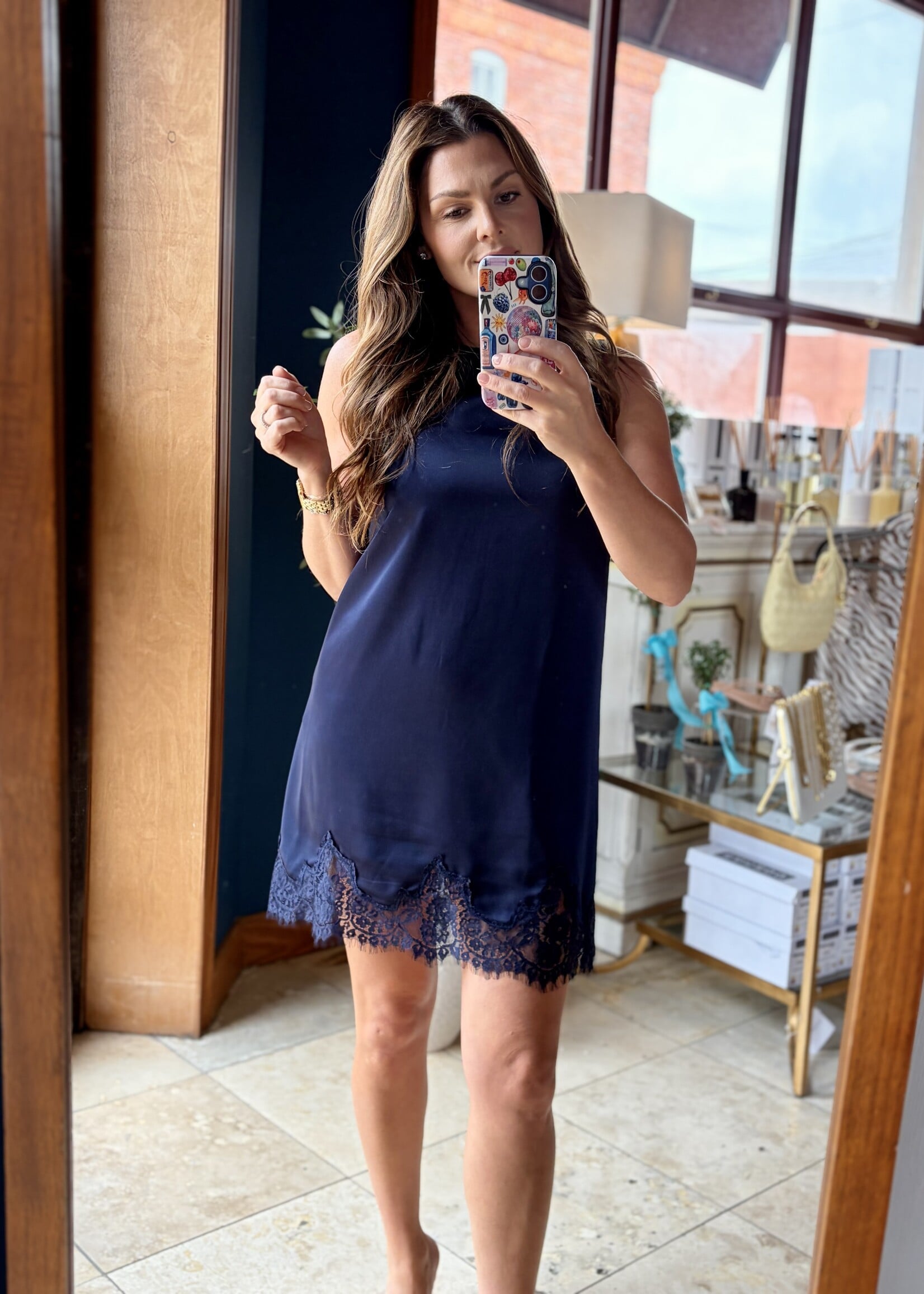 glam Navy Sleeveless Satin Dress w/ Lace Detail