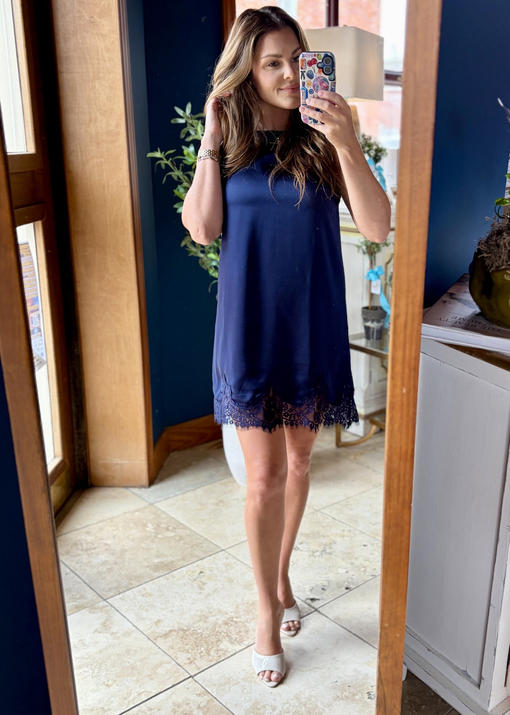 glam Navy Sleeveless Satin Dress w/ Lace Detail