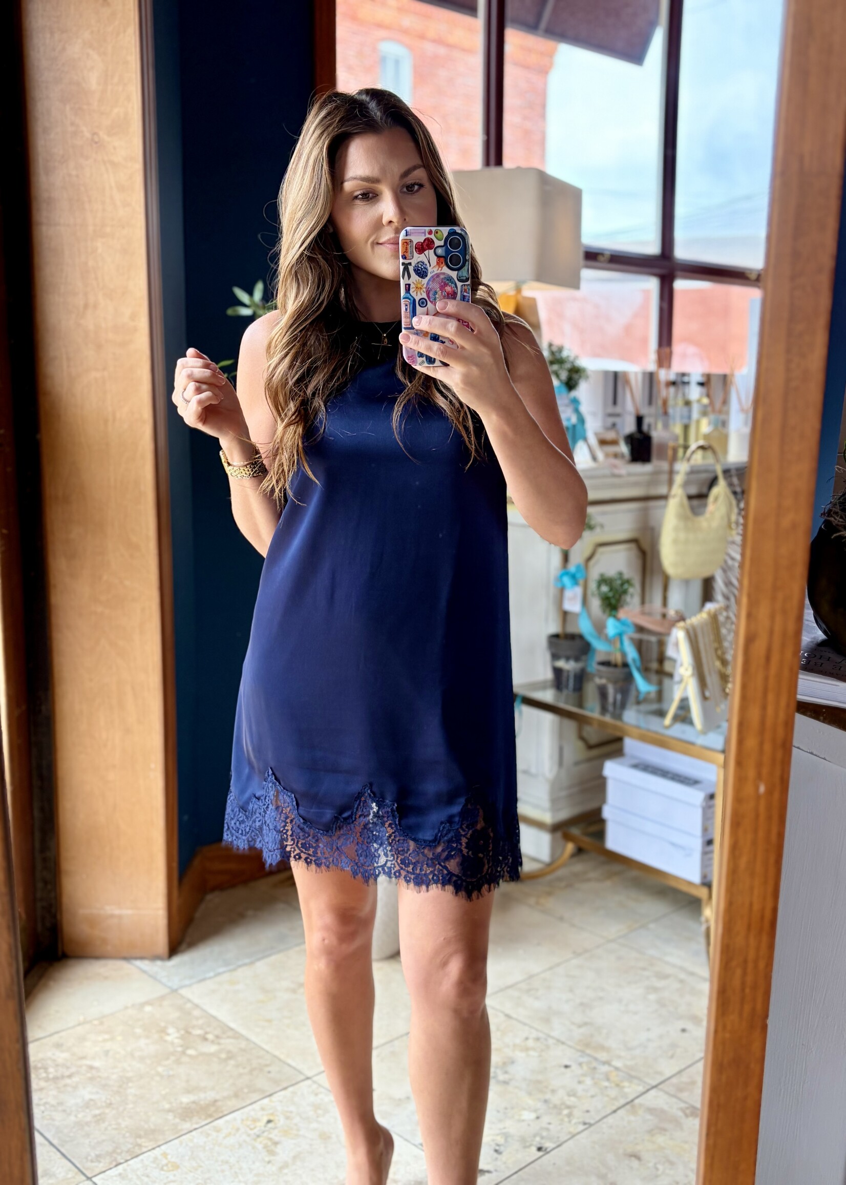 glam Navy Sleeveless Satin Dress w/ Lace Detail