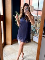 glam Navy Sleeveless Satin Dress w/ Lace Detail