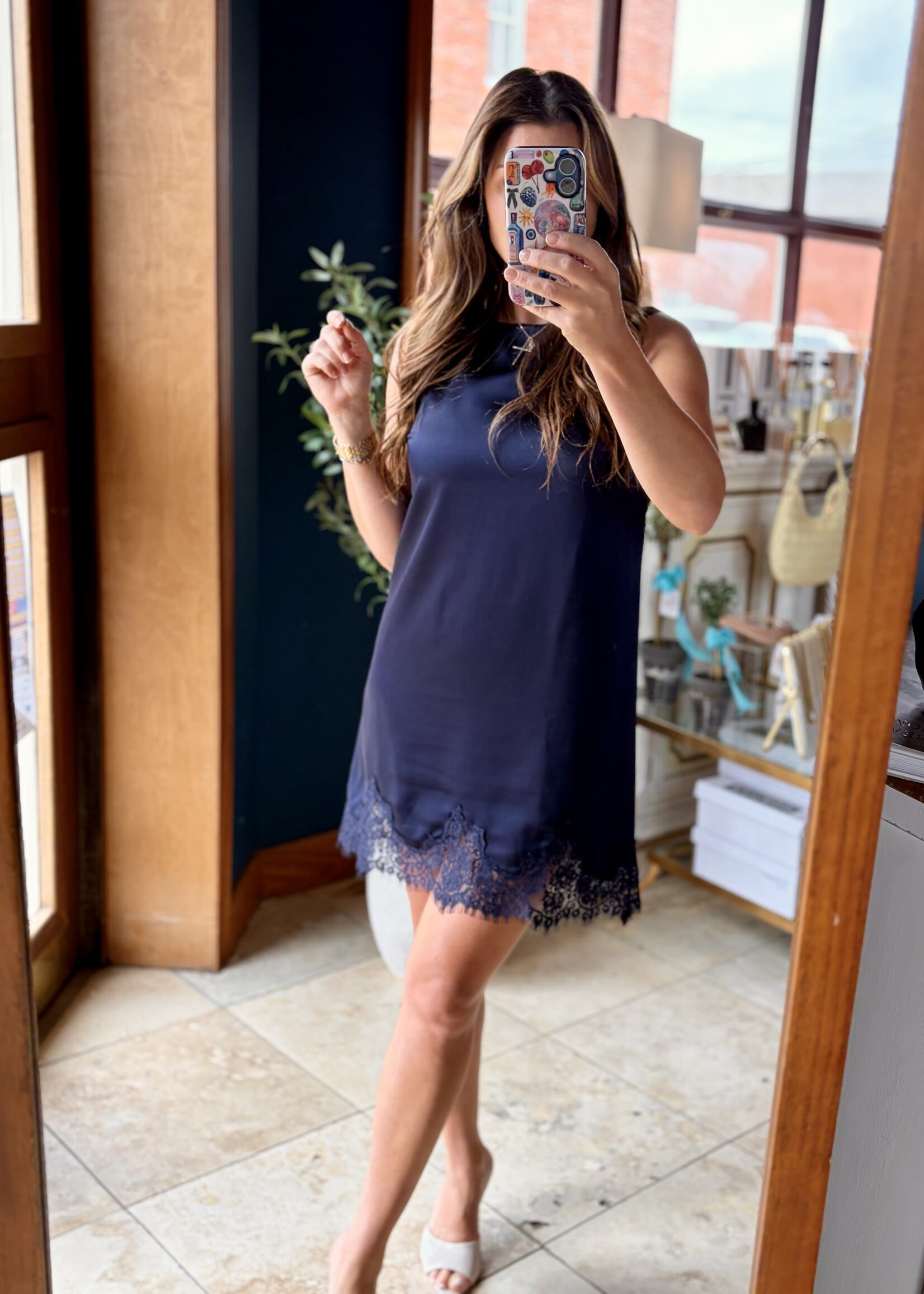 glam Navy Sleeveless Satin Dress w/ Lace Detail