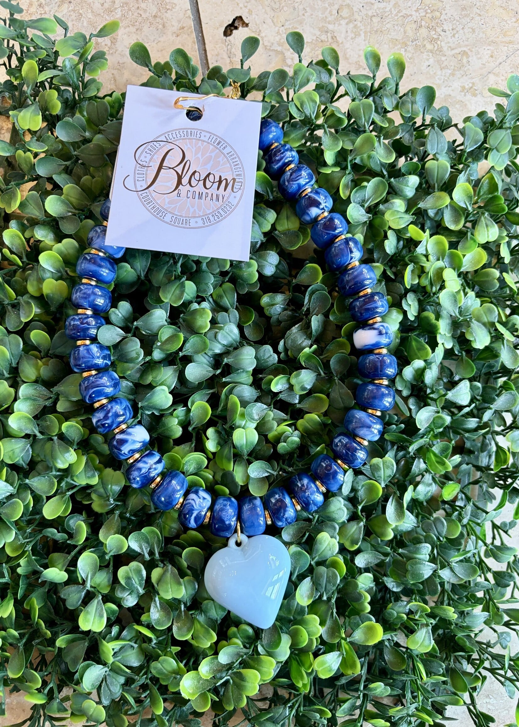Golden Lily Dark Blue Beaded Necklace w/ Light Blue Heart