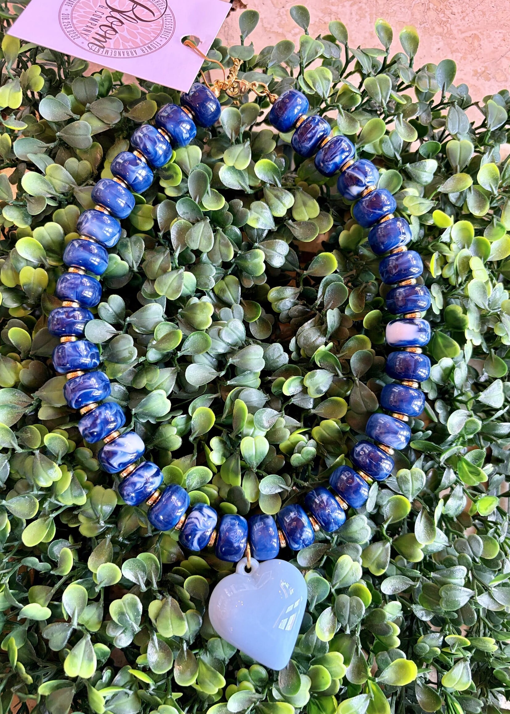 Golden Lily Dark Blue Beaded Necklace w/ Light Blue Heart