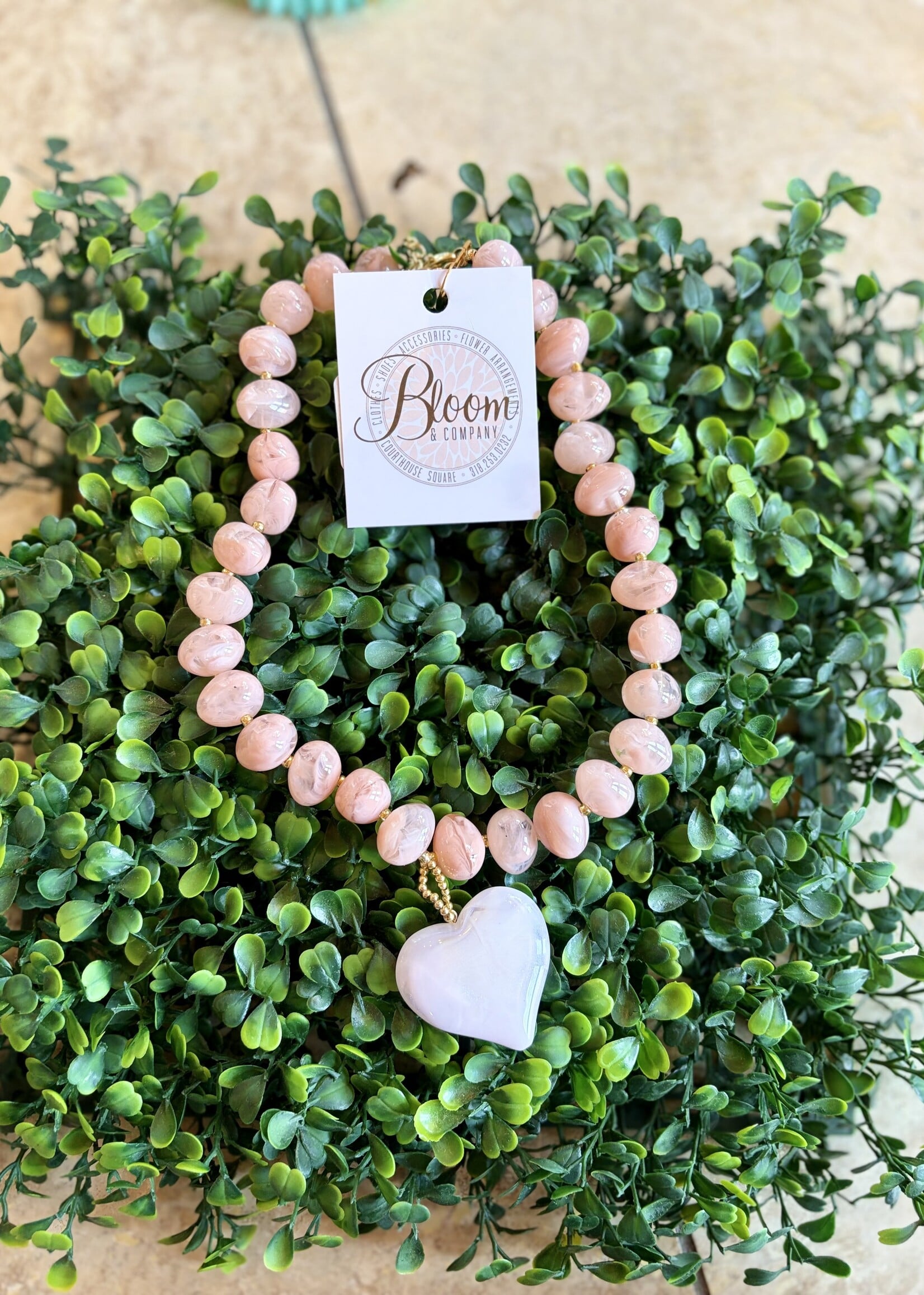 Golden Lily Light Pink Beaded Heart Necklace