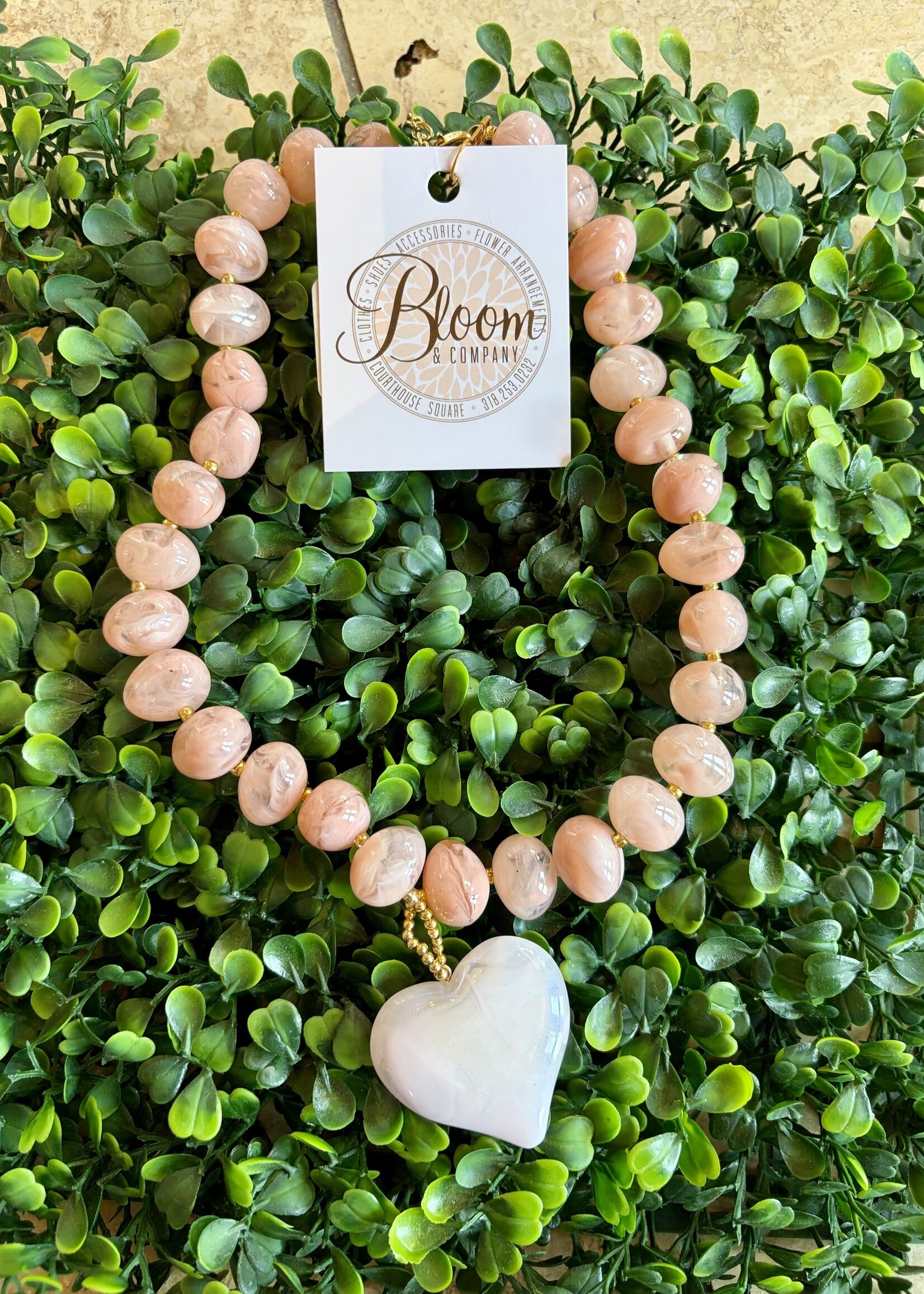 Golden Lily Light Pink Beaded Heart Necklace