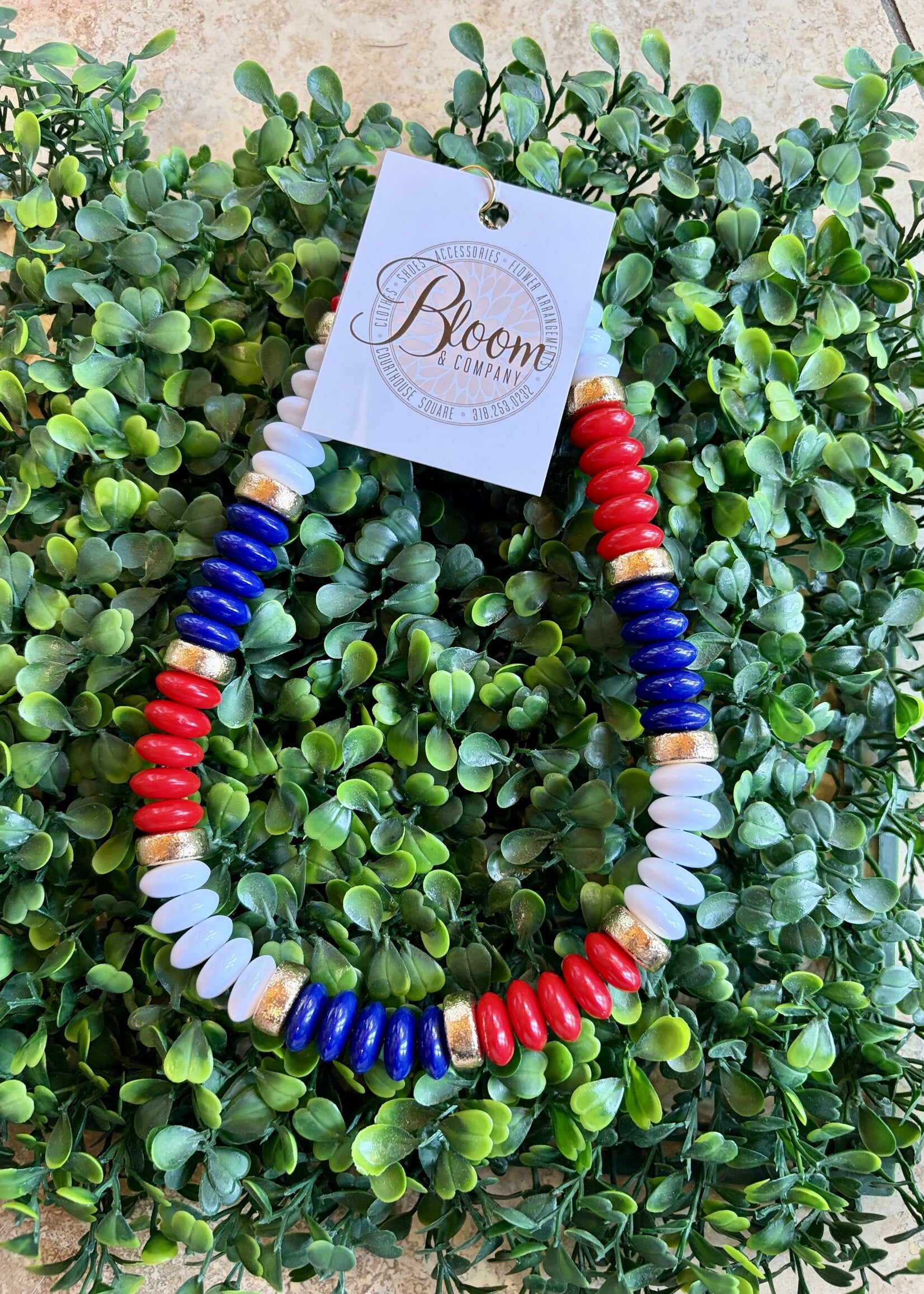 Golden Lily Red, White, & Blue Beaded Necklace