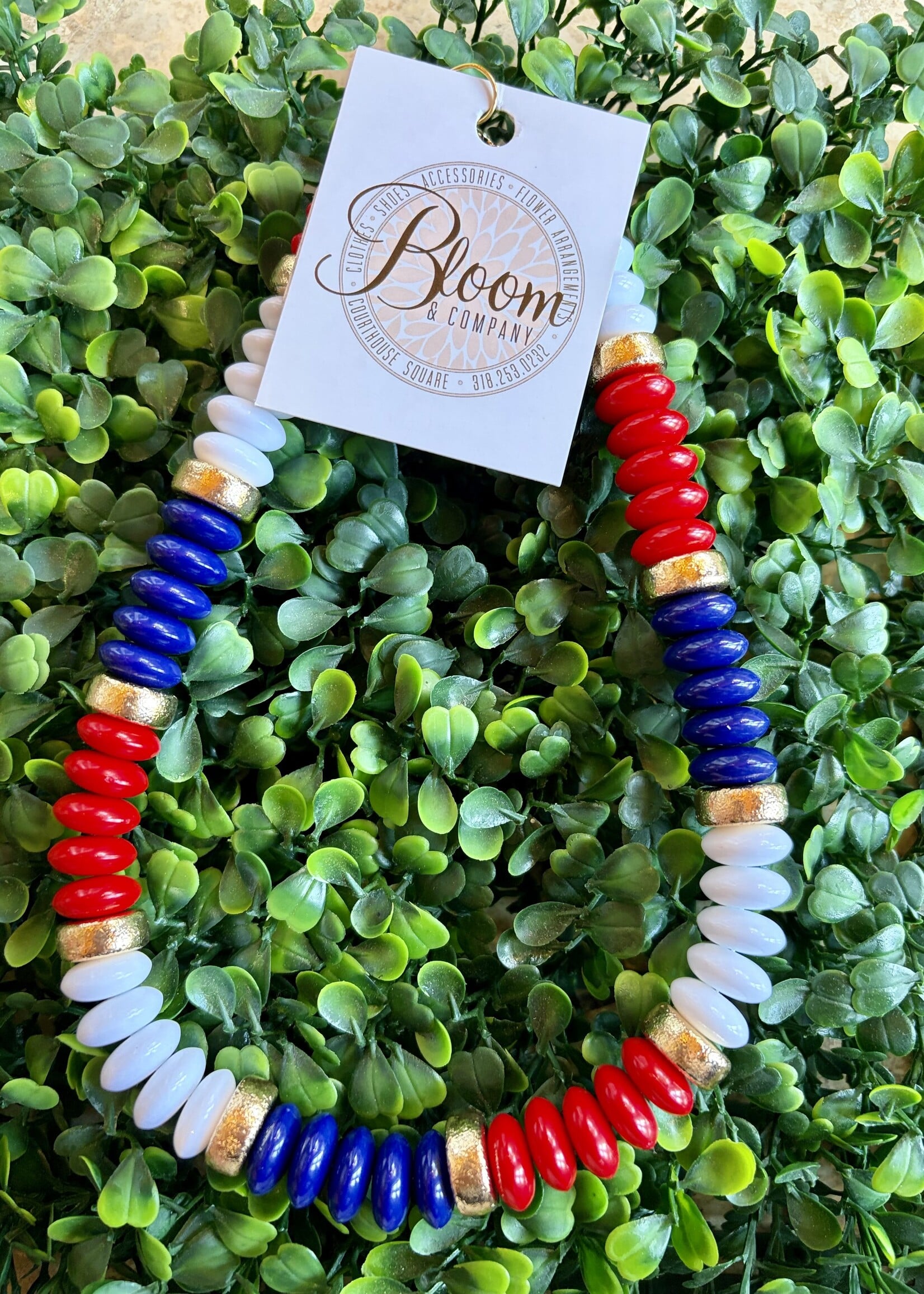 Golden Lily Red, White, & Blue Beaded Necklace