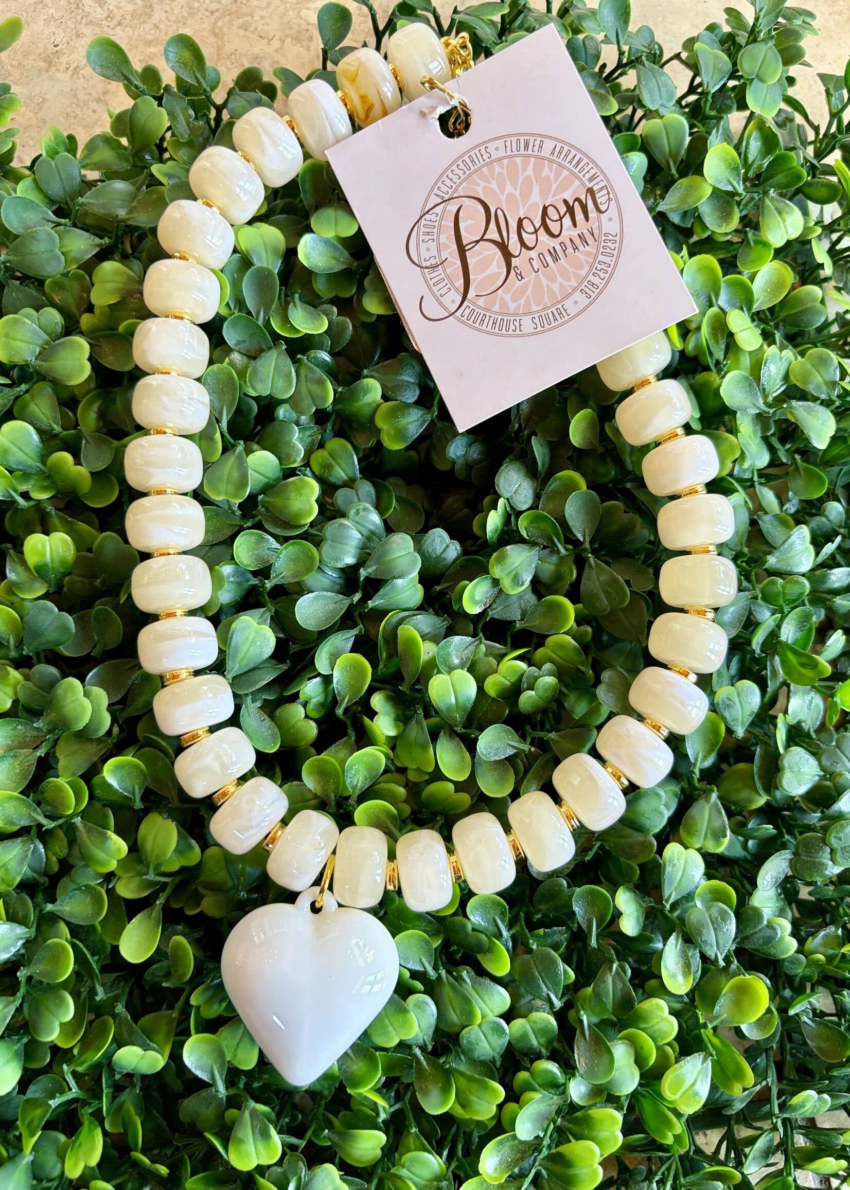 Golden Lily Cream & Ivory Beaded Heart Necklace