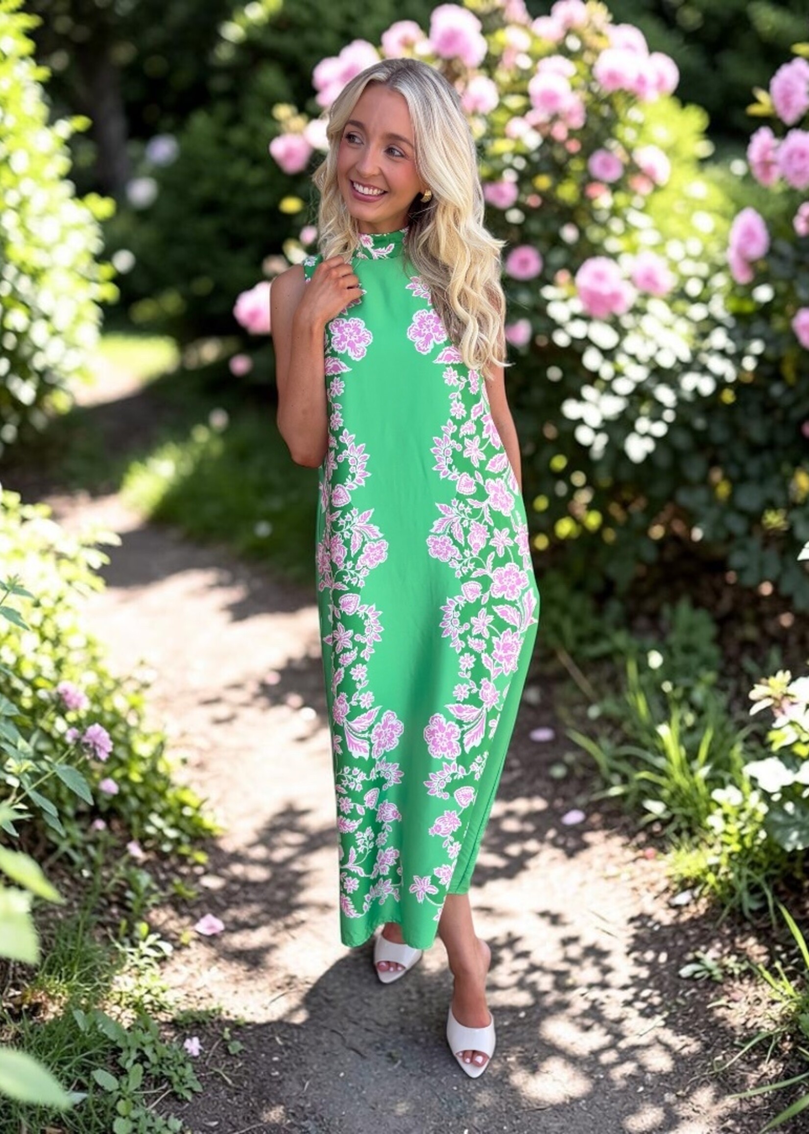 THML Green Floral Tie Back Sleeveless Dress