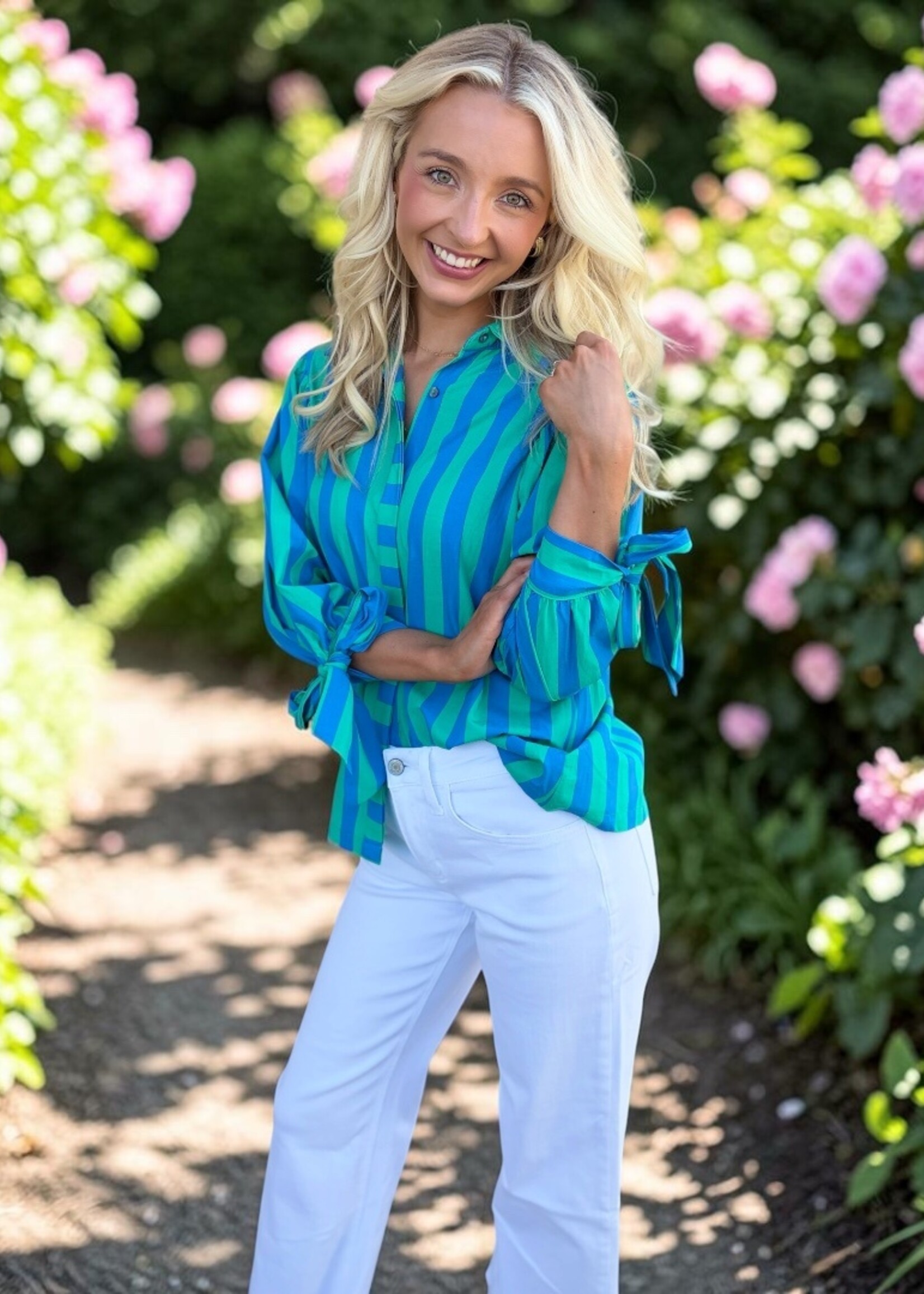 Aapparella Blue & Green Striped Tie Long Sleeve Top