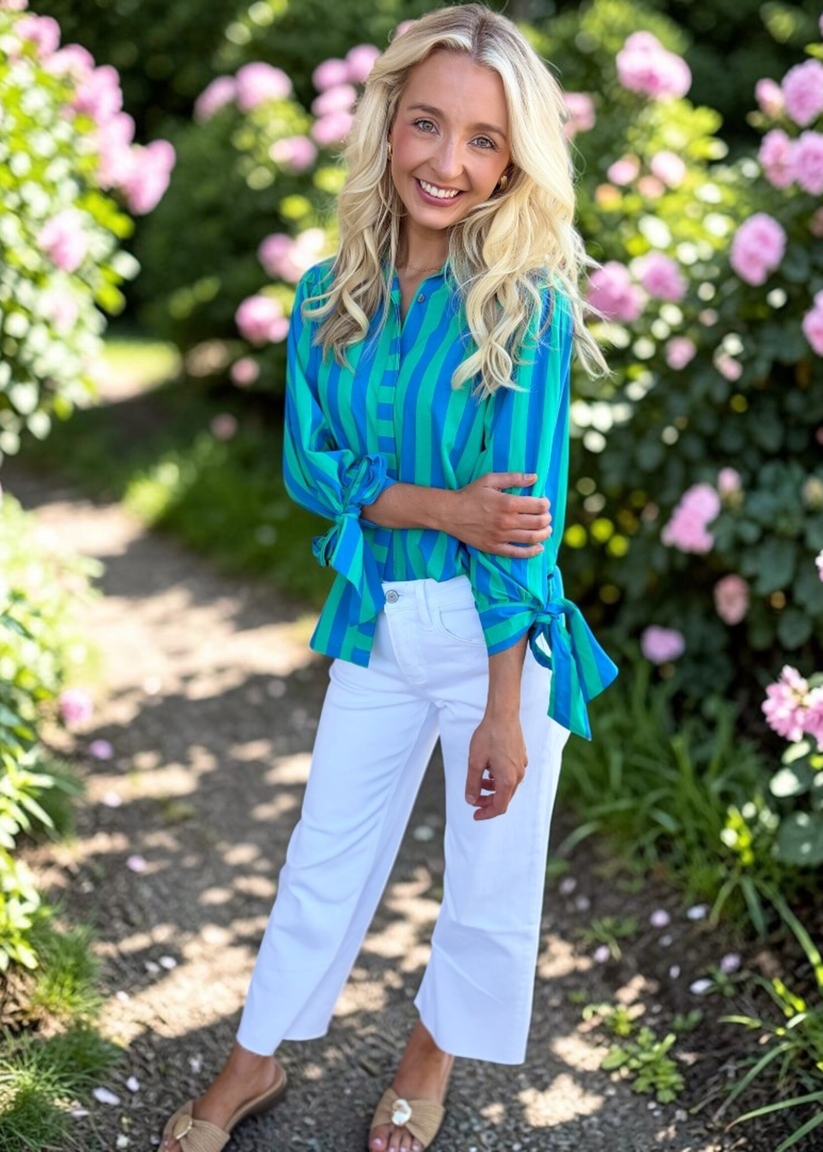 Aapparella Blue & Green Striped Tie Long Sleeve Top