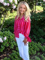 Bloom and Company Red & Pink Striped Tie Sleeve Blouse