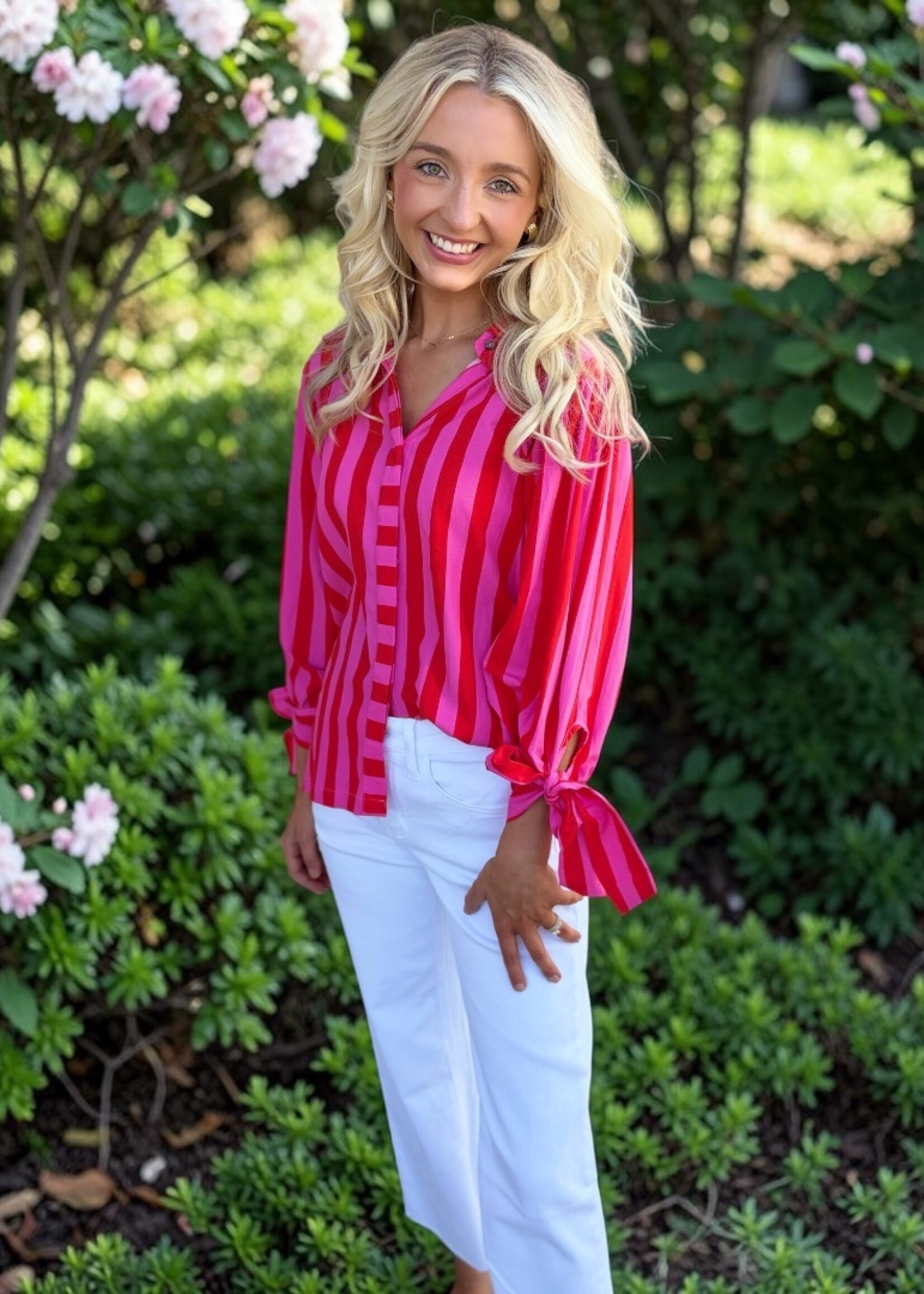 Bloom and Company Red & Pink Striped Tie Sleeve Blouse