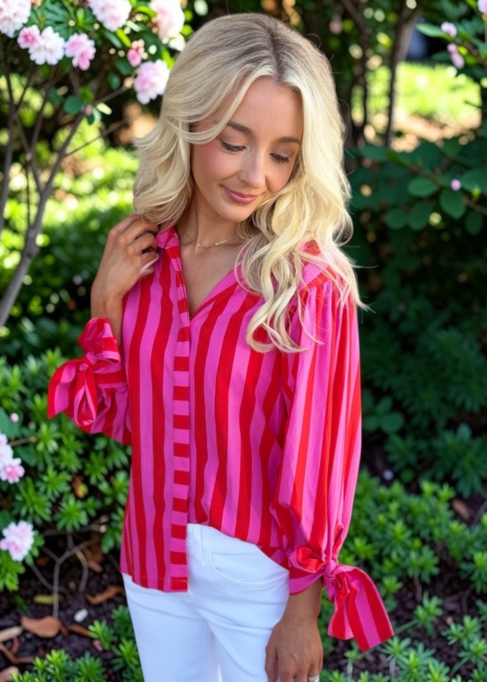 Bloom and Company Red & Pink Striped Tie Sleeve Blouse