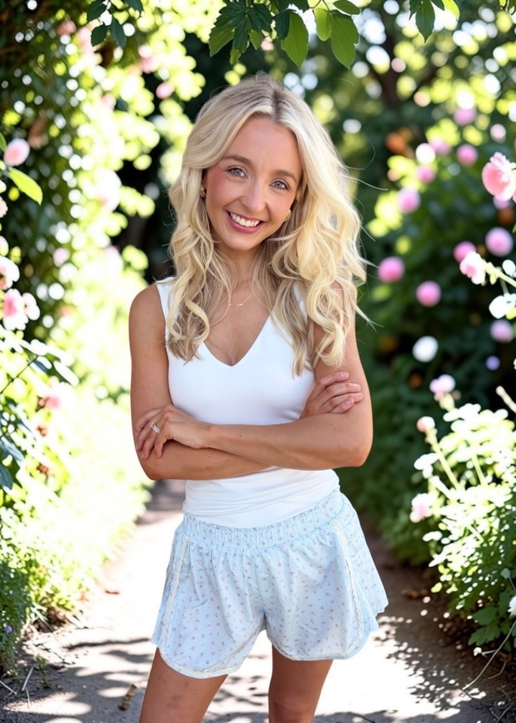 Peach Love Floral Light Blue Lace Detail Shorts