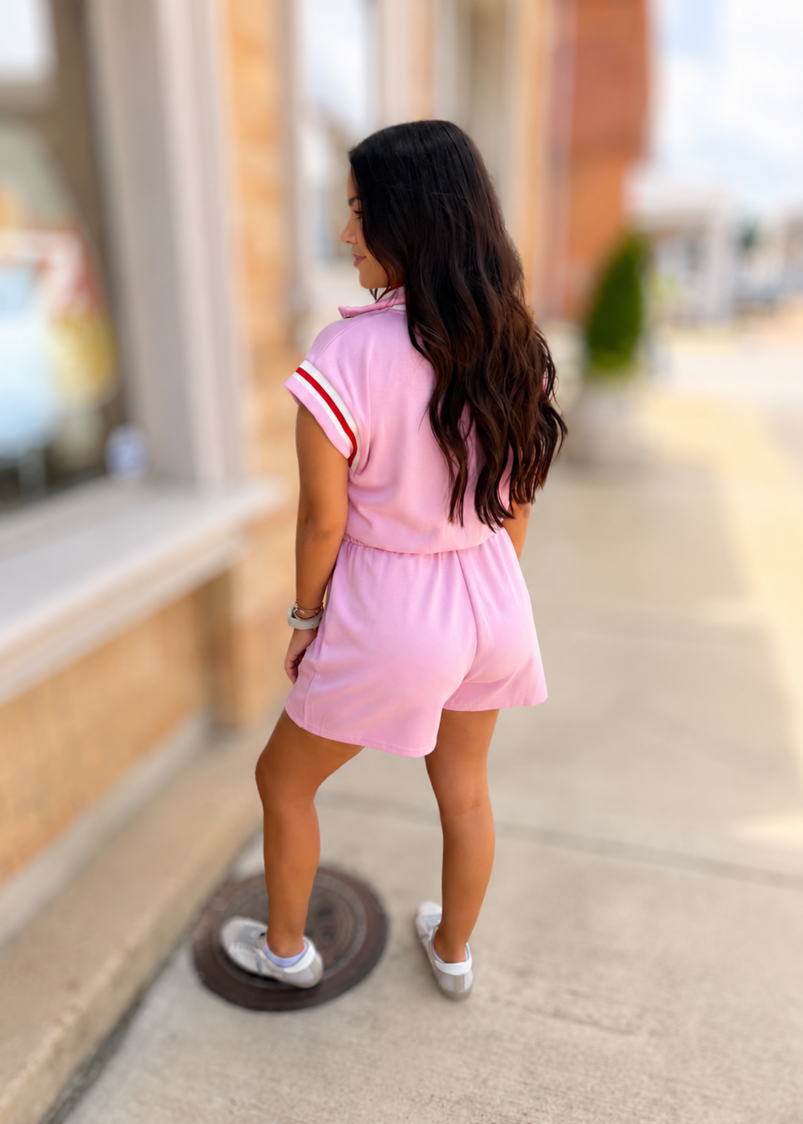 Bloom and Company Pink Solid Romper w/ Stripe Detail