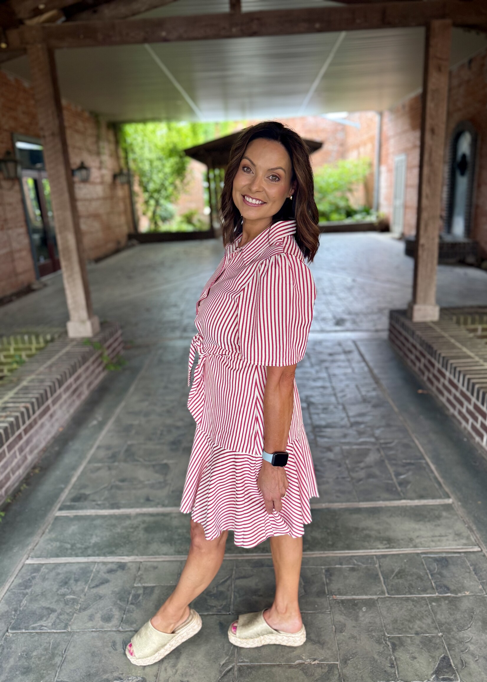 She + Sky Red Front Tie Striped Mini Dress
