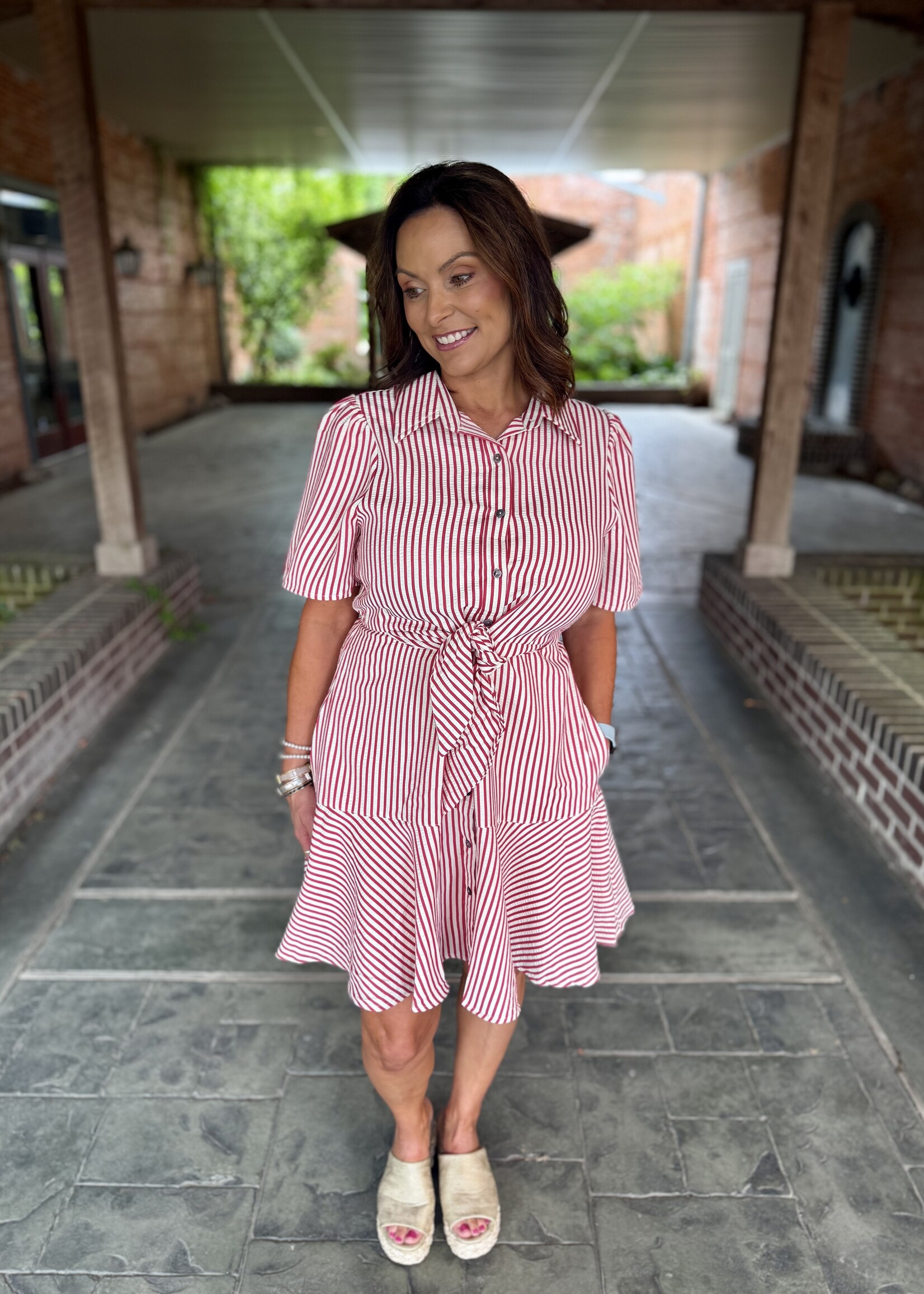 She + Sky Red Front Tie Striped Mini Dress