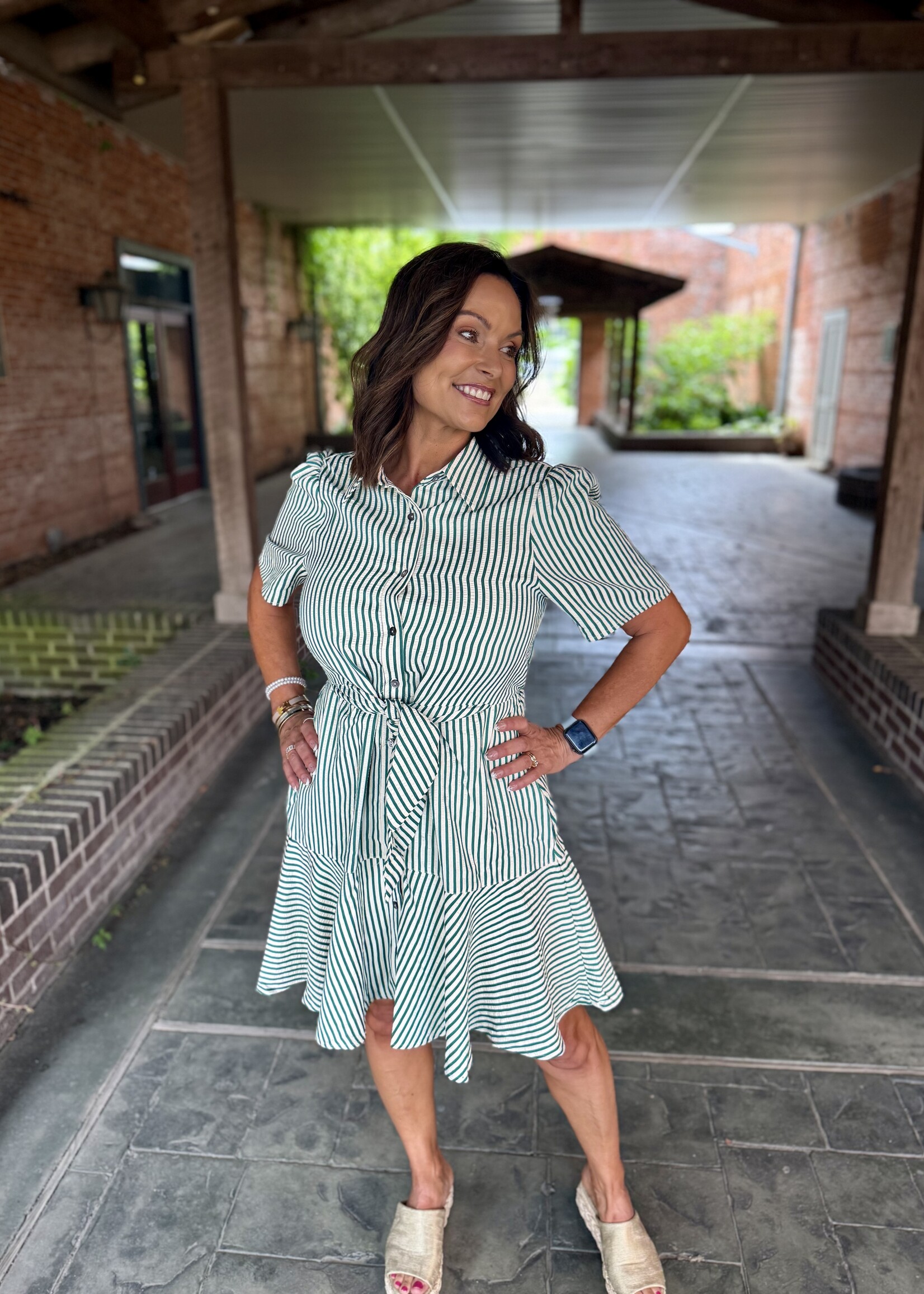 She + Sky Green Front Tie Striped Mini Dress