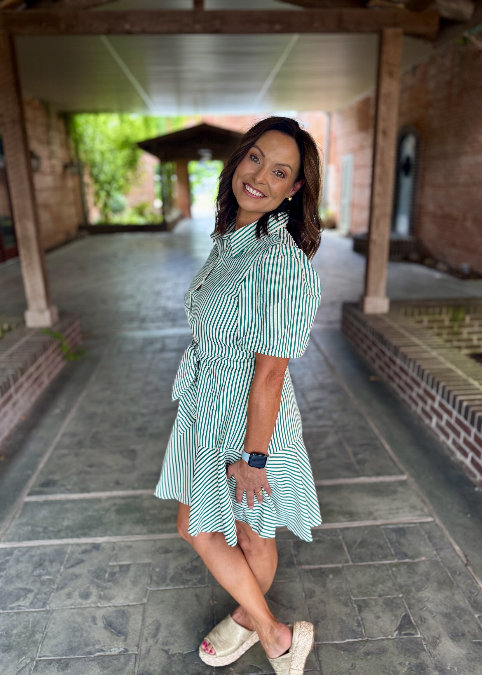 She + Sky Green Front Tie Striped Mini Dress