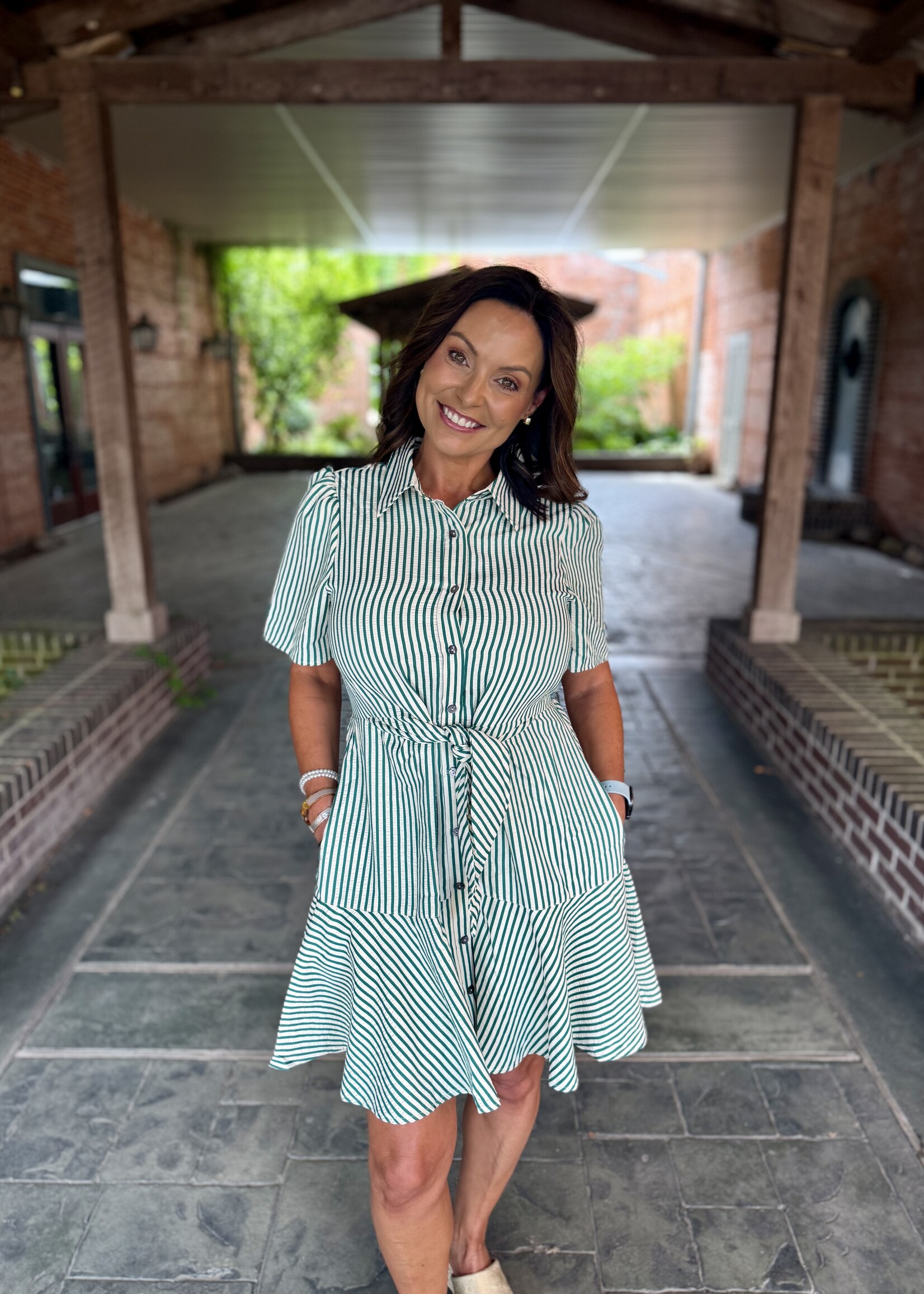 She + Sky Green Front Tie Striped Mini Dress