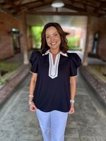 Bloom and Company Black & White Short Sleeve Blouse w/ Collar