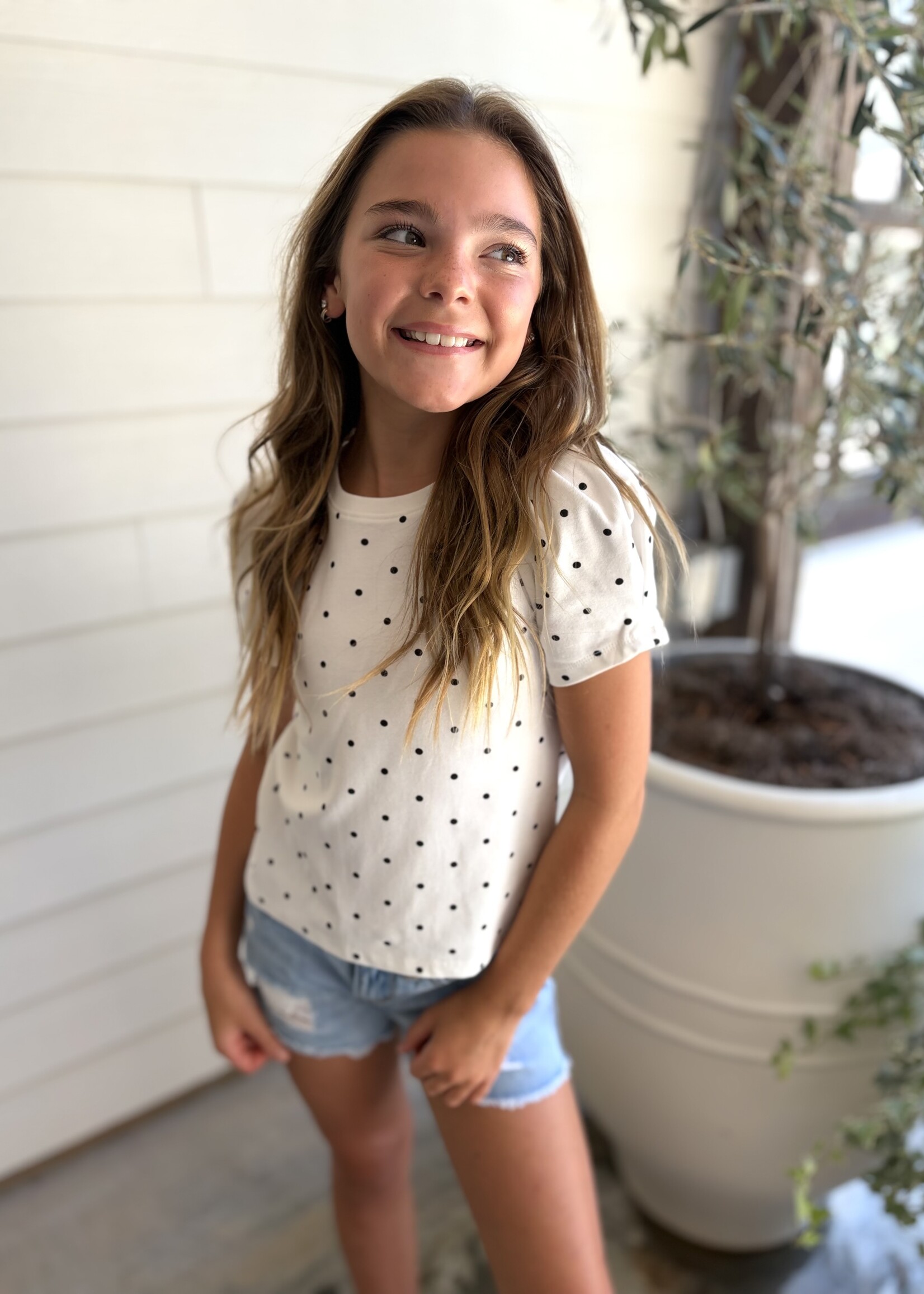 Bloom and Company Tween White Puffed Sleeve Polka Dot Top