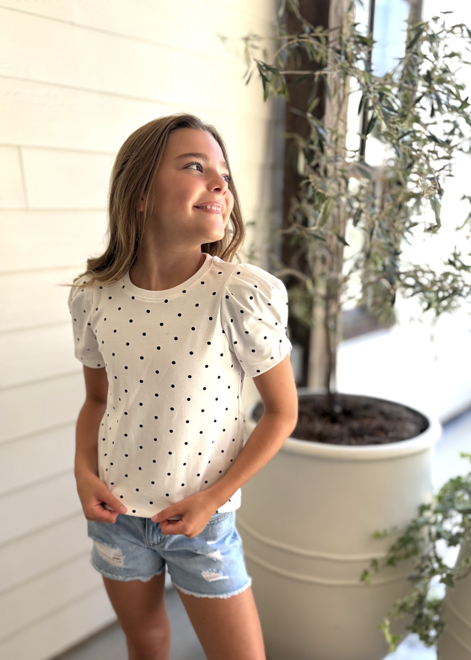 Bloom and Company Tween White Puffed Sleeve Polka Dot Top