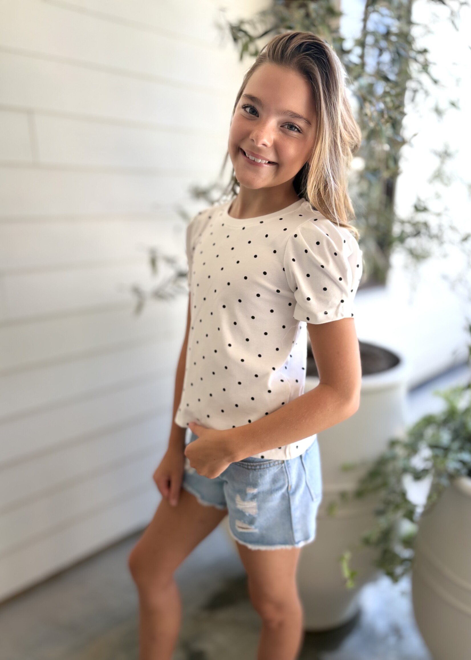 Bloom and Company Tween White Puffed Sleeve Polka Dot Top