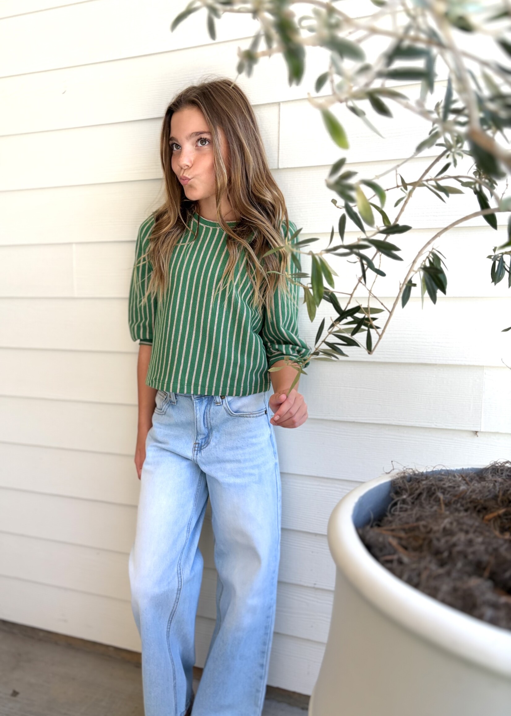 Bloom and Company Tween Green Stripe Knit Top