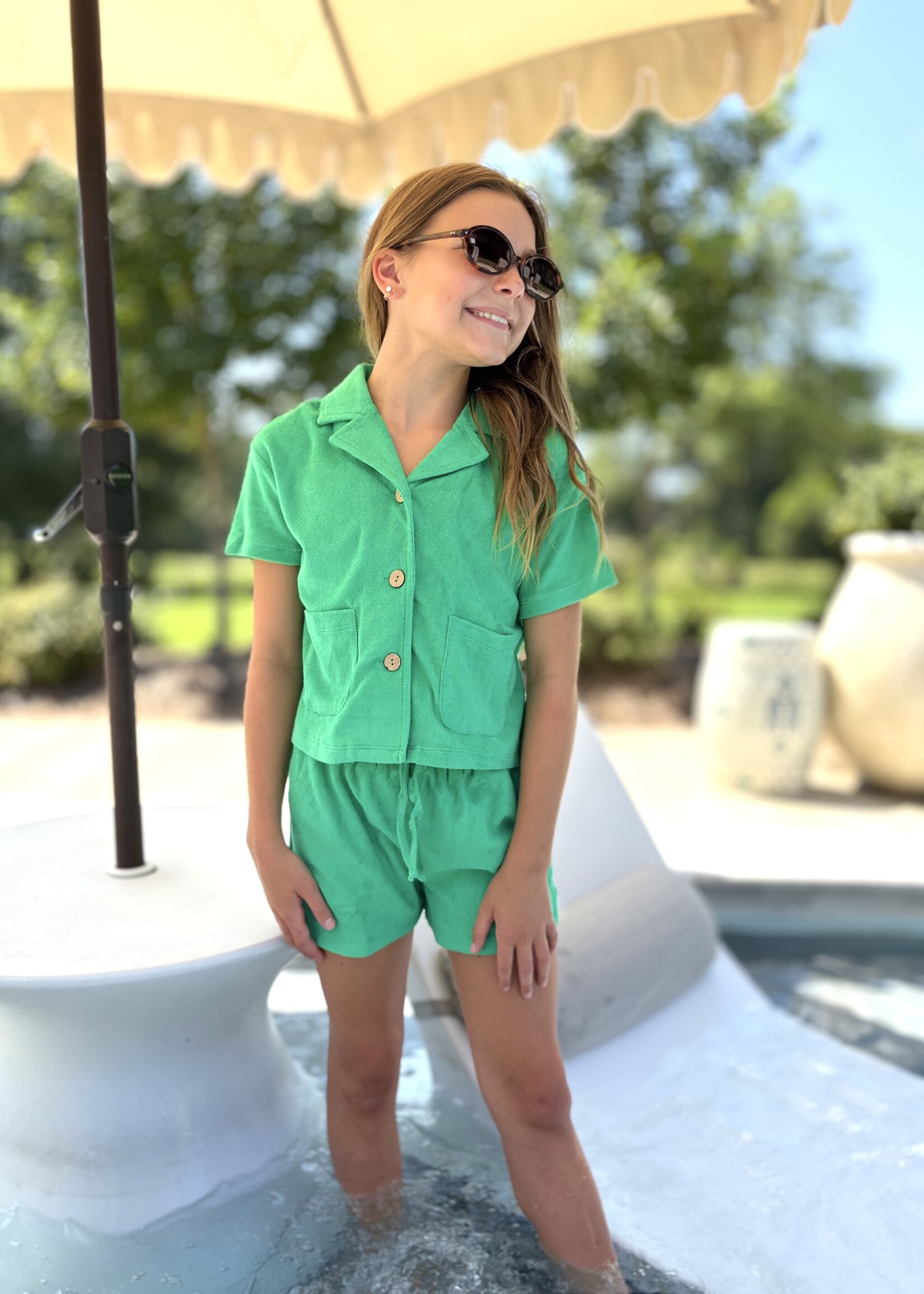 Bloom and Company Tween Green Elastic Waist Terry Cloth Shorts