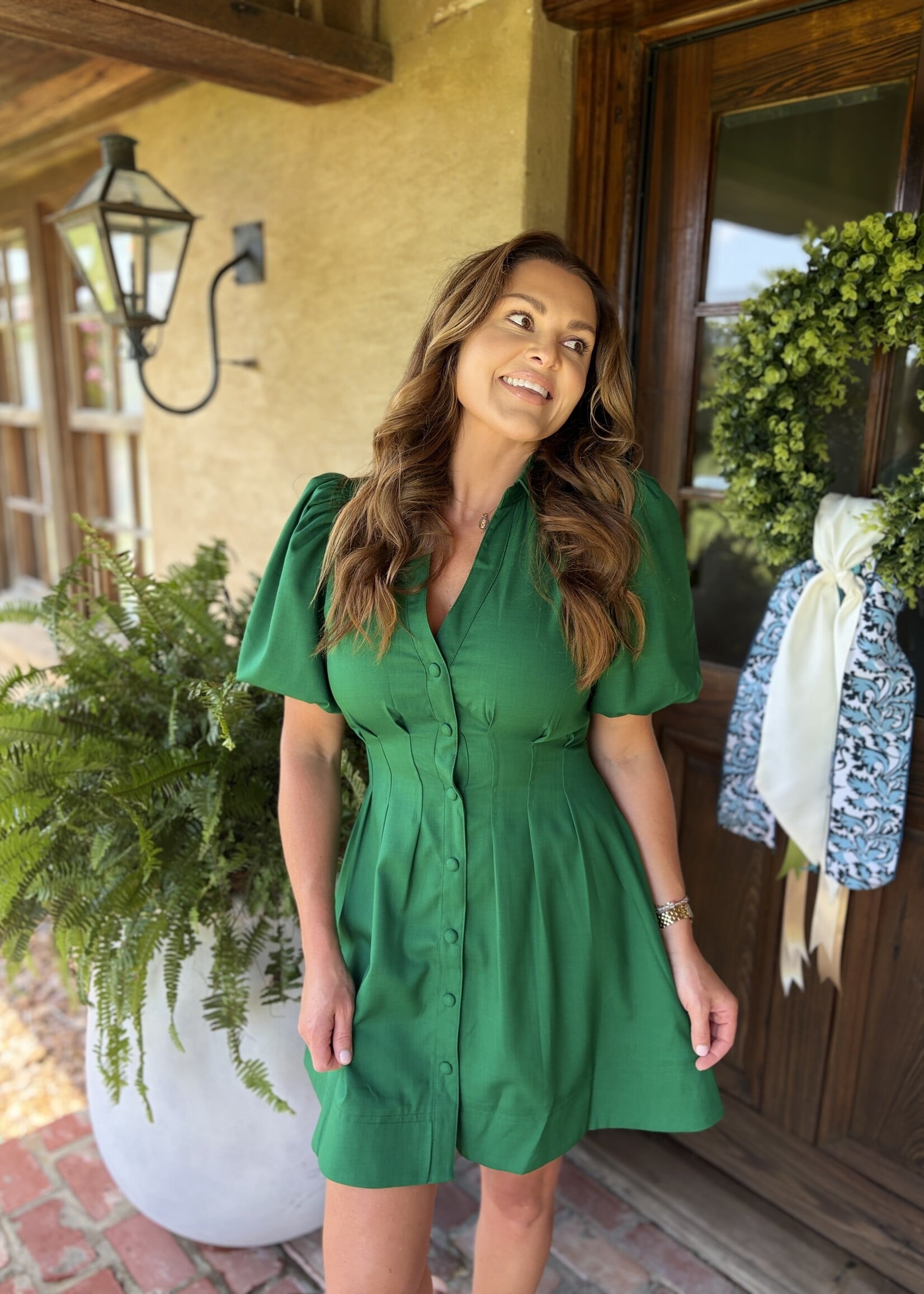 glam Green Button Down Pleated Mini Dress