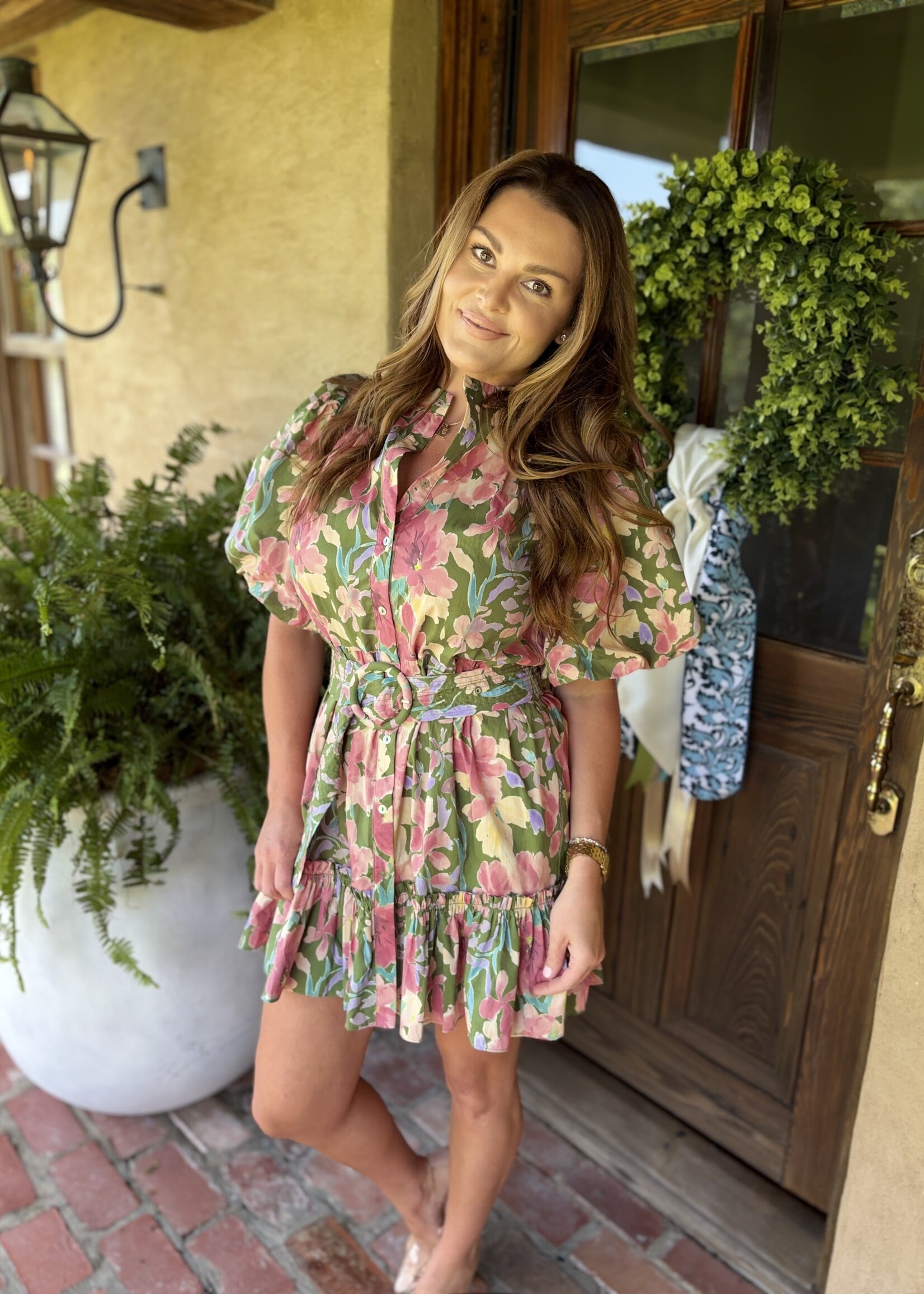 glam Green Pastel Floral Belted Mini Dress